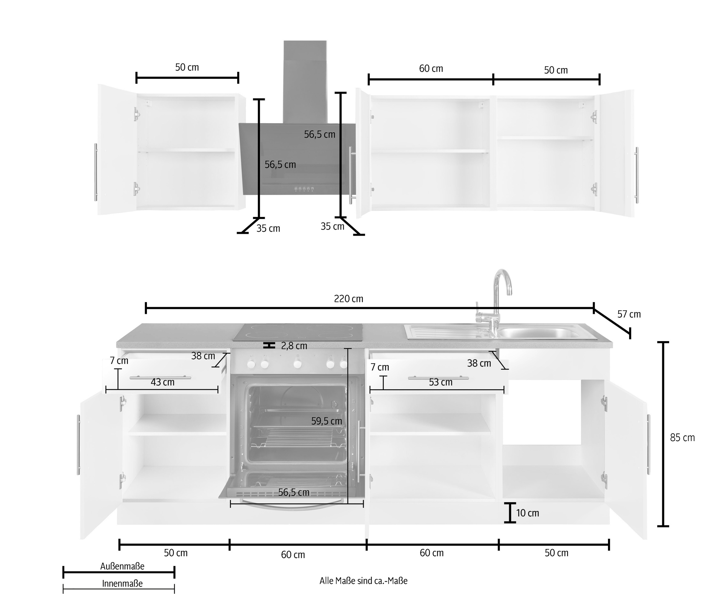 wiho Küchen Küchenzeile »Cali«, ohne E-Geräte, Breite 220 cm