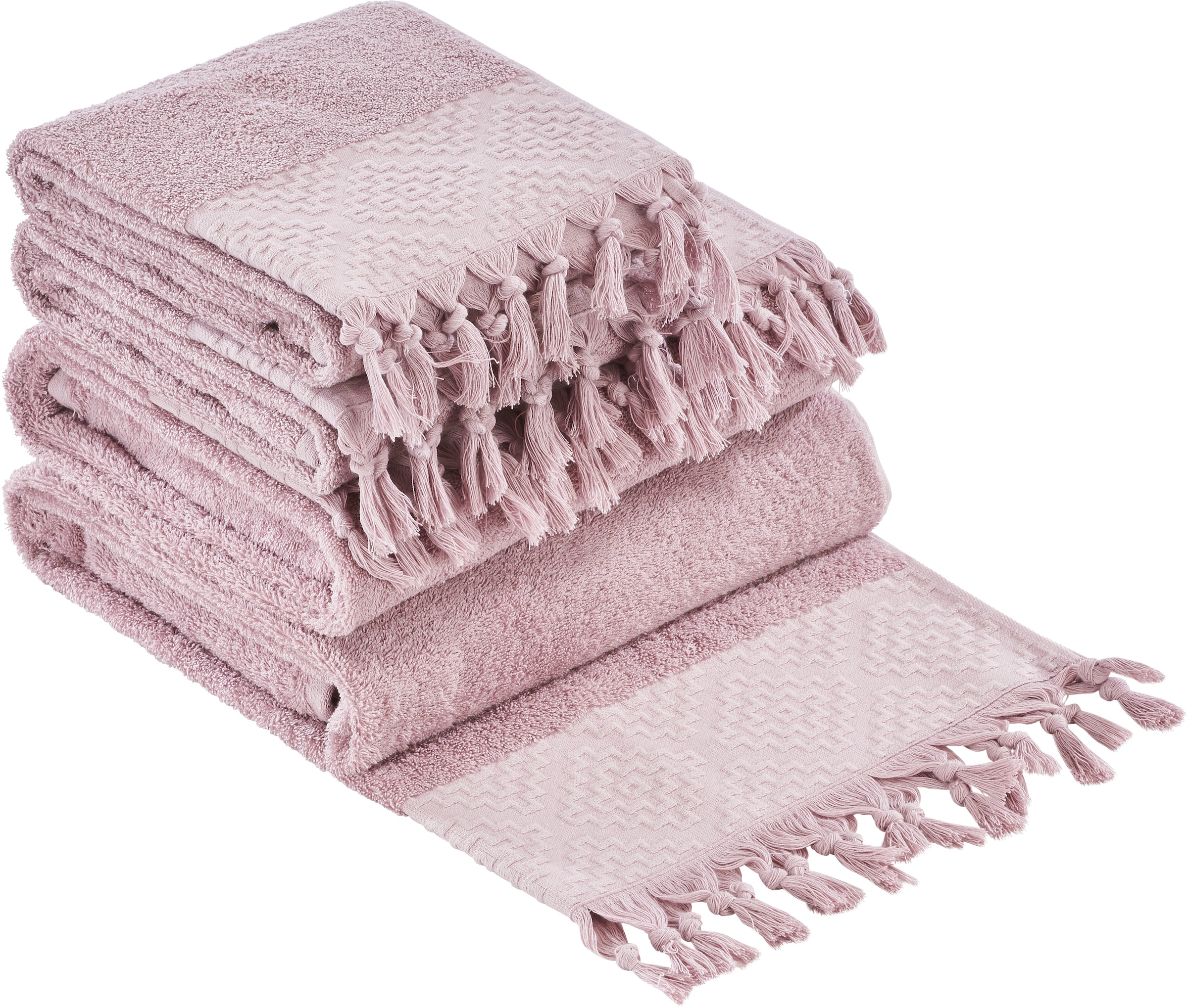 done.® Handtuch Set »Provence Bohéme«, (Set, 4 St., 2 Handtücher (50x100 cm)-2 Duschtücher (70x140 cm), Uni-Farben, Boho-Style, mit auffälliger Borte & Fransen