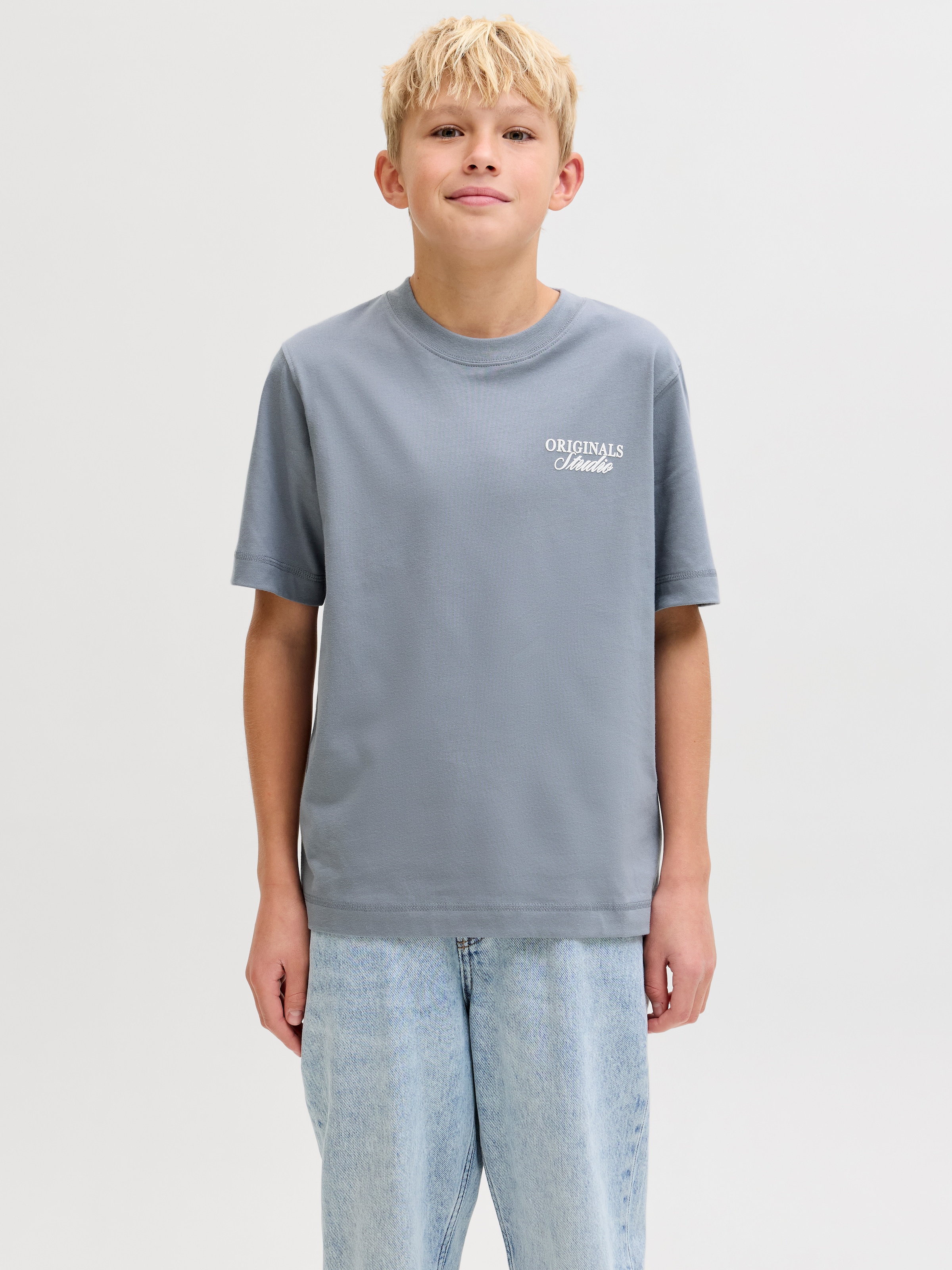 T-Shirt JACK & JONES JUNIOR "JORNORREBRO TYPO TEE SS CREW NECK SN JNR", Jungen, Gr. 140, tradewinds, Single Jersey, Obermaterial: 100% Baumwolle, bedruckt, relaxed fit normal, Rundhals, Shirts T-Shirt