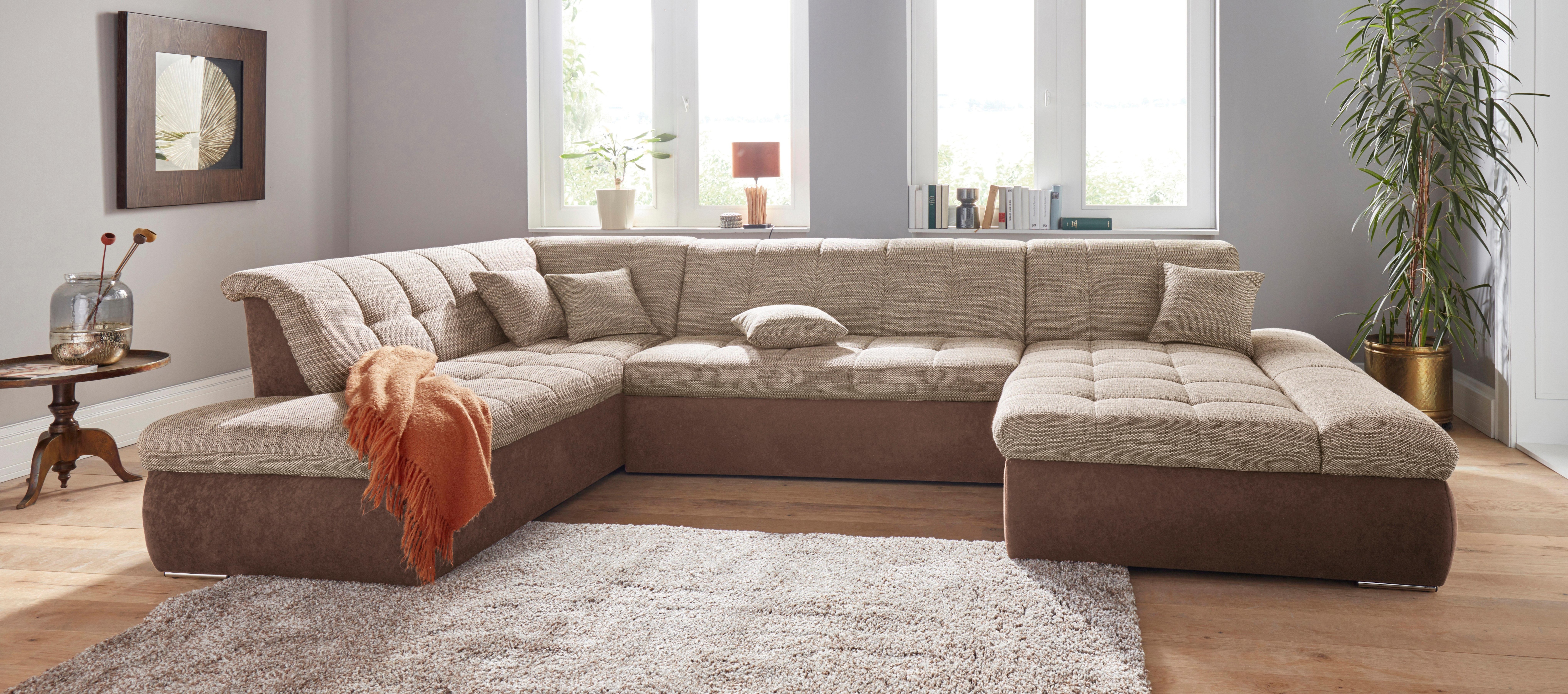 DOMO collection Wohnlandschaft "PB MORIC wahlweise mit Bettfunktion und Armteilverstellung U-Form" XXL-Format B/T/H: 353/216/80 cm, feine Steppung, incl. Zierkissen