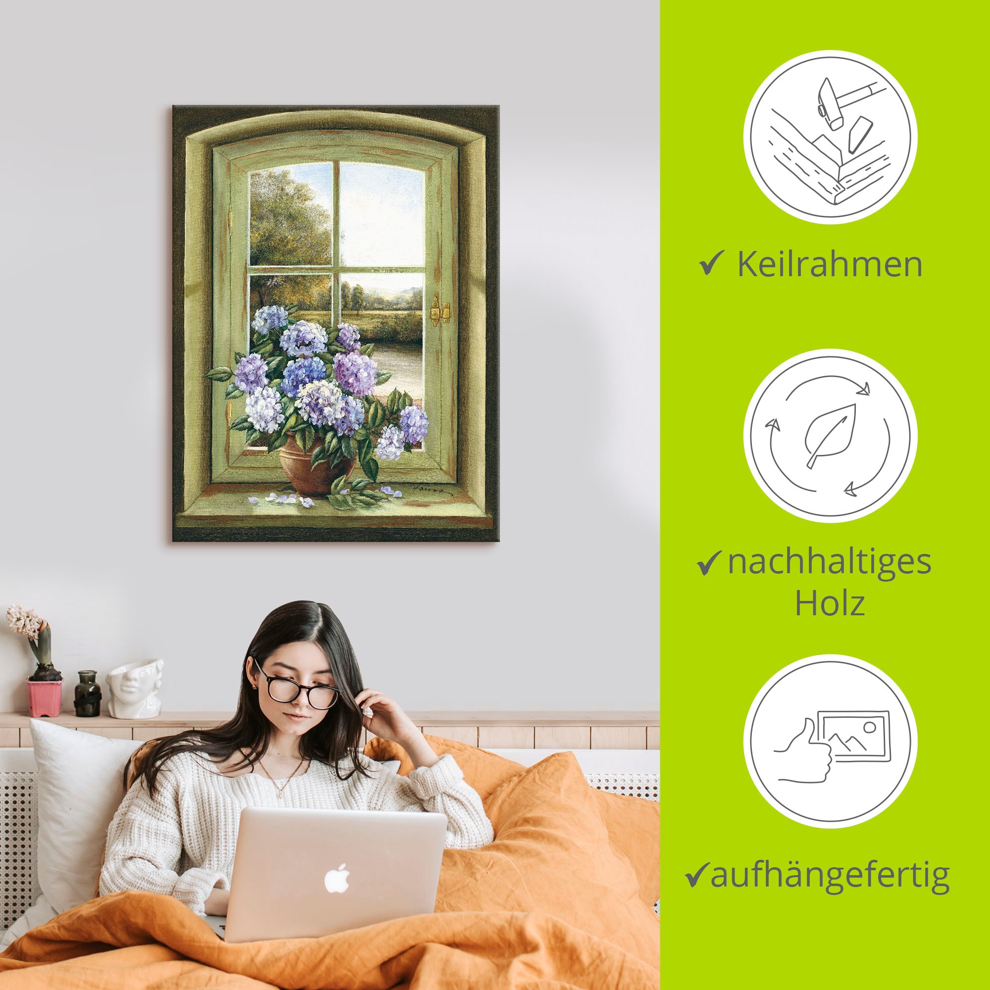 Artland Wandbild »Hortensien am Fenster«, Arrangements, (1 St.), als Alubild, Outdoorbild, Leinwandbild, Poster, Wandaufkleber