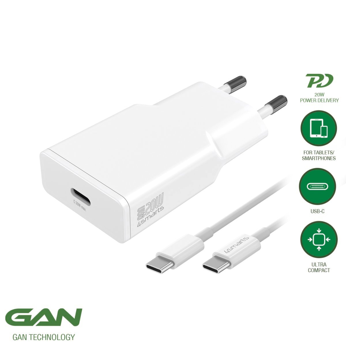 4smarts Schnelllade-Gerät »PDPlug Slim 20W GaN 1x USB-C + USB-C Kabel 1,5 m«