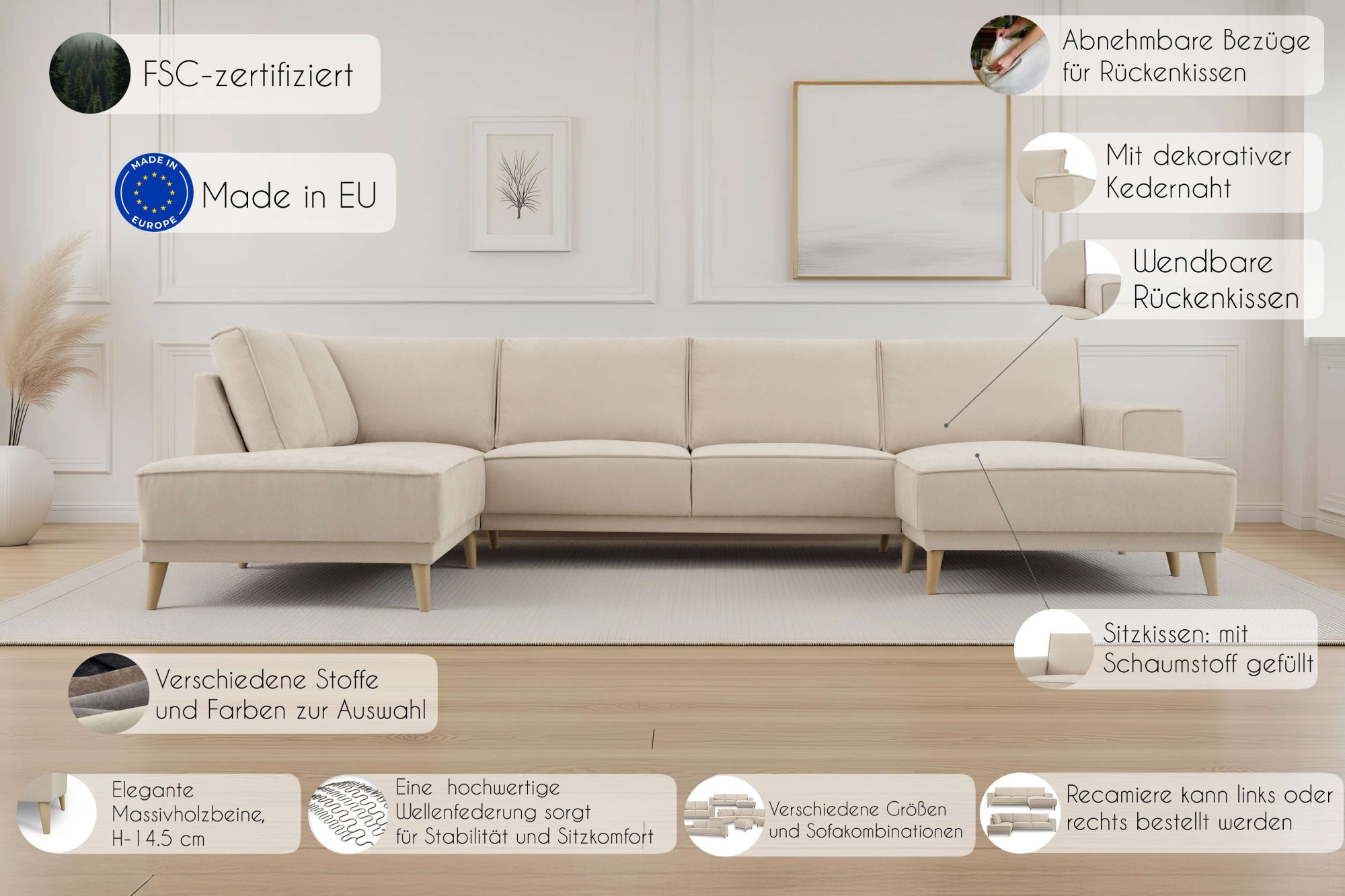 Thumbnail - OTTO home Wohnlandschaft "Oland Skandi, weicher Chenille-Stoff" U-Form, 345 cm, Wellenunterfederung, Skandi-Design, Mass...