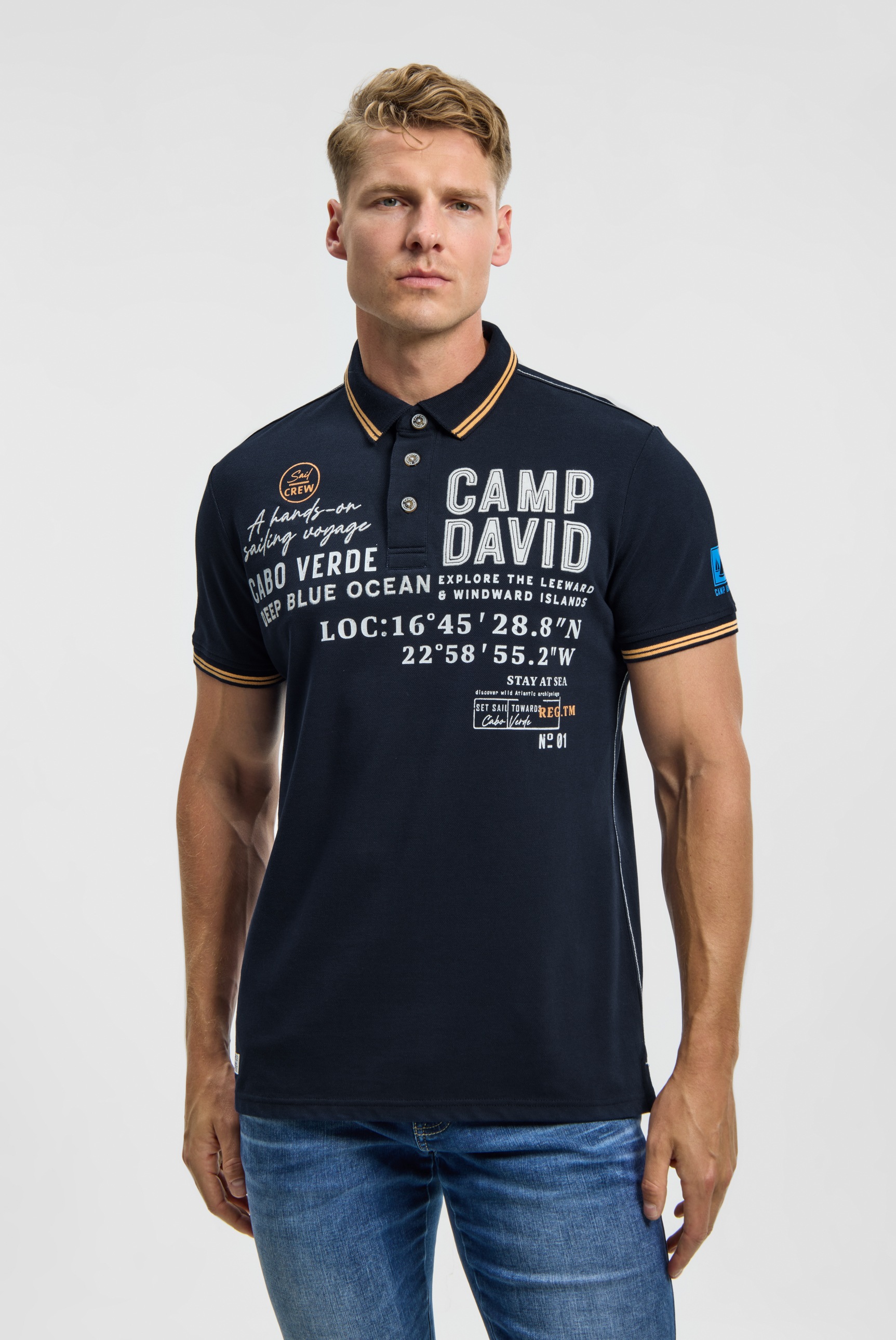 Poloshirt CAMP DAVID, Herren, Gr. L, blau, Piqué, Material: 100% Baumwolle, bedruckt, bestickt, regular fit normal, hoch geschlossener Ausschnitt, eingesetzt Bündchen, Shirts, mit Seitenschlitze