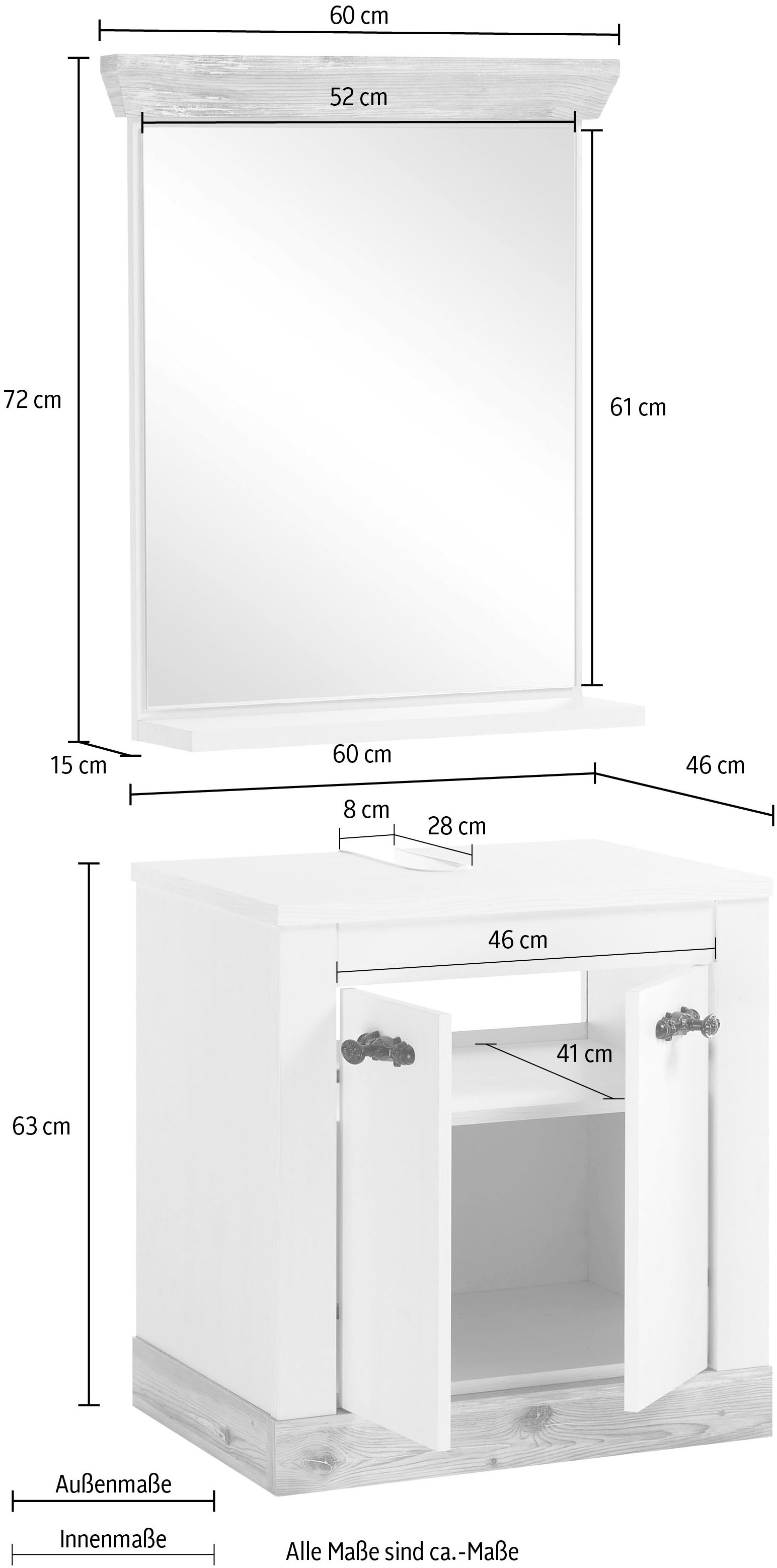 Home affaire Badmöbel-Set »Florenz, Bad im Landhausstil, 2-teiliges Badezimmer«, (2 St.), Waschbeckenunterschrank und Spiegel, in Pinie Weiß, Stauraum