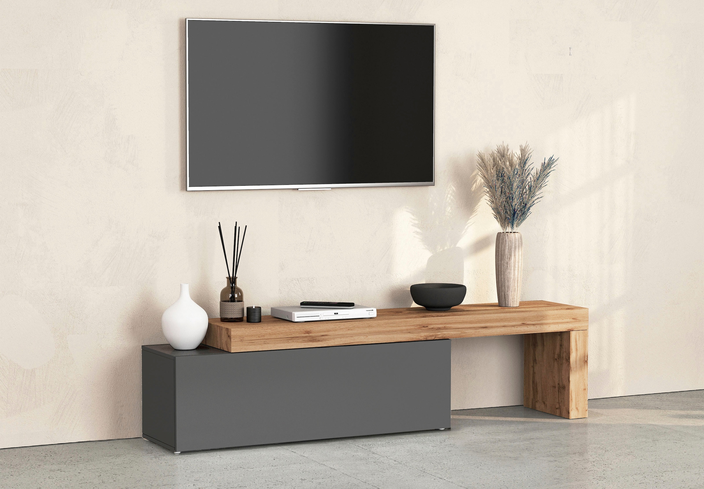 OTTO home Lowboard "Lowboard Chronos TV-Board, TV-Schrank" Spar-Set, Breite verstellbar von 180 bis 290 cm, 1 Stk. tlg. Breite 240 cm TV-Board,Lowboard,1 Klappe und ein L-Förmiger Aufsatz