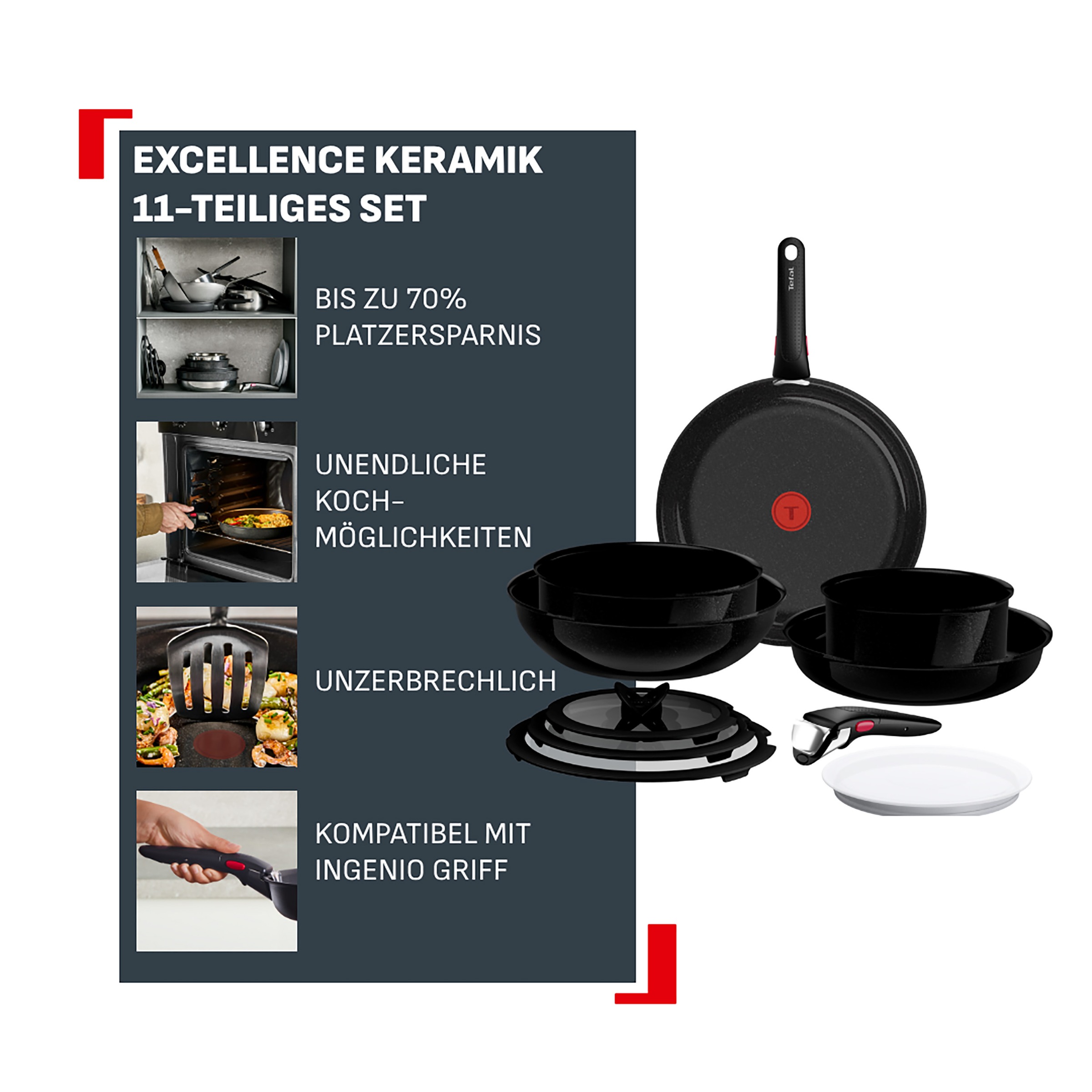 Tefal Pfannen-Set »Ingenio Excellence Keramik« Aluminium Set, 11 tlg. abnehmbarer Ingenio-Griff, Thermo-Signal, stapelbar, Induktion