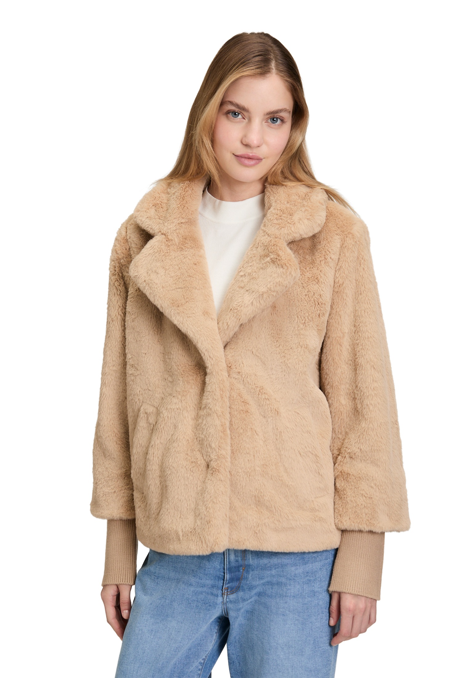 Outdoorjacke BETTY BARCLAY "Damen mit Plüsch", Damen, Gr. 44, beige, Plüsch, Obermaterial: 100% Polyester; Besatz: 100% Polyester; Futter: 55% Viskose, 45% Polyester, lässig geschnitten, Jacken Outdoorjacke