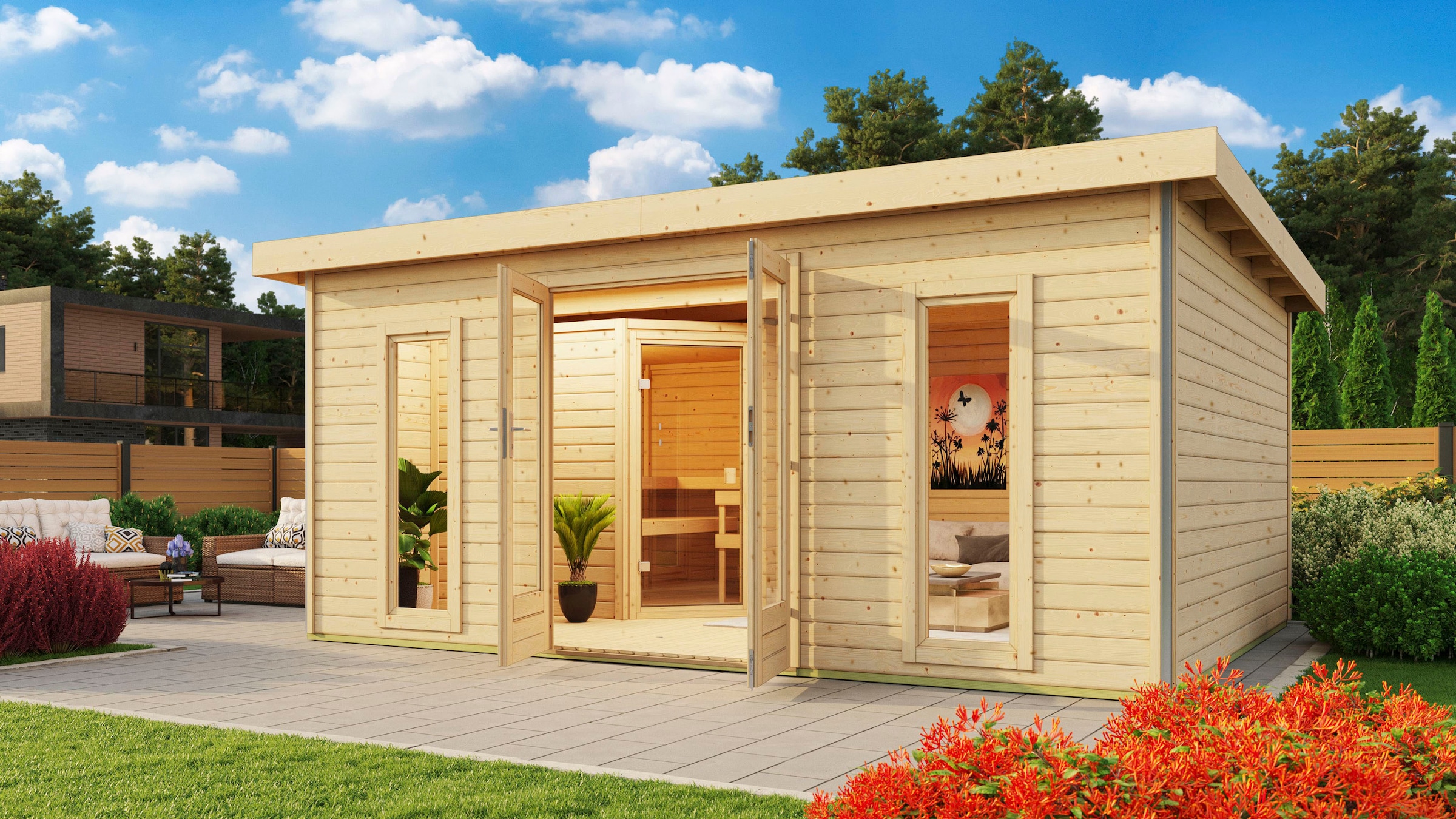 KONIFERA Saunahaus »Maiko 4 SET A«, naturbelassen, mit Ofen 9 kW Bio ext. Steuerung