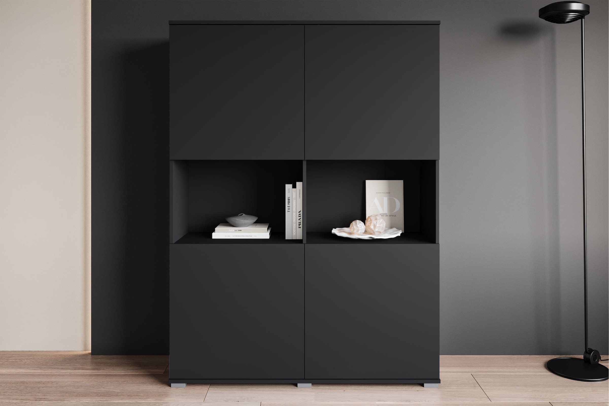OTTO home Highboard »Kenia Schrank, 120 cm breit, mit 4 Türen und 2 offenen Fächern« 1 Stk. tlg. Griffloses Design mit Push-to-Open und verstellbaren Einlegeböden