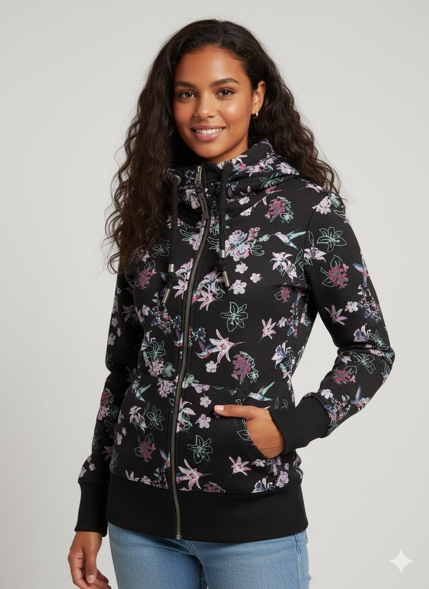 Ragwear Sweatjacke "NESKA ZIP FLOWERS O" figurbetont mit floralem Allover-Print und großer Kapuze