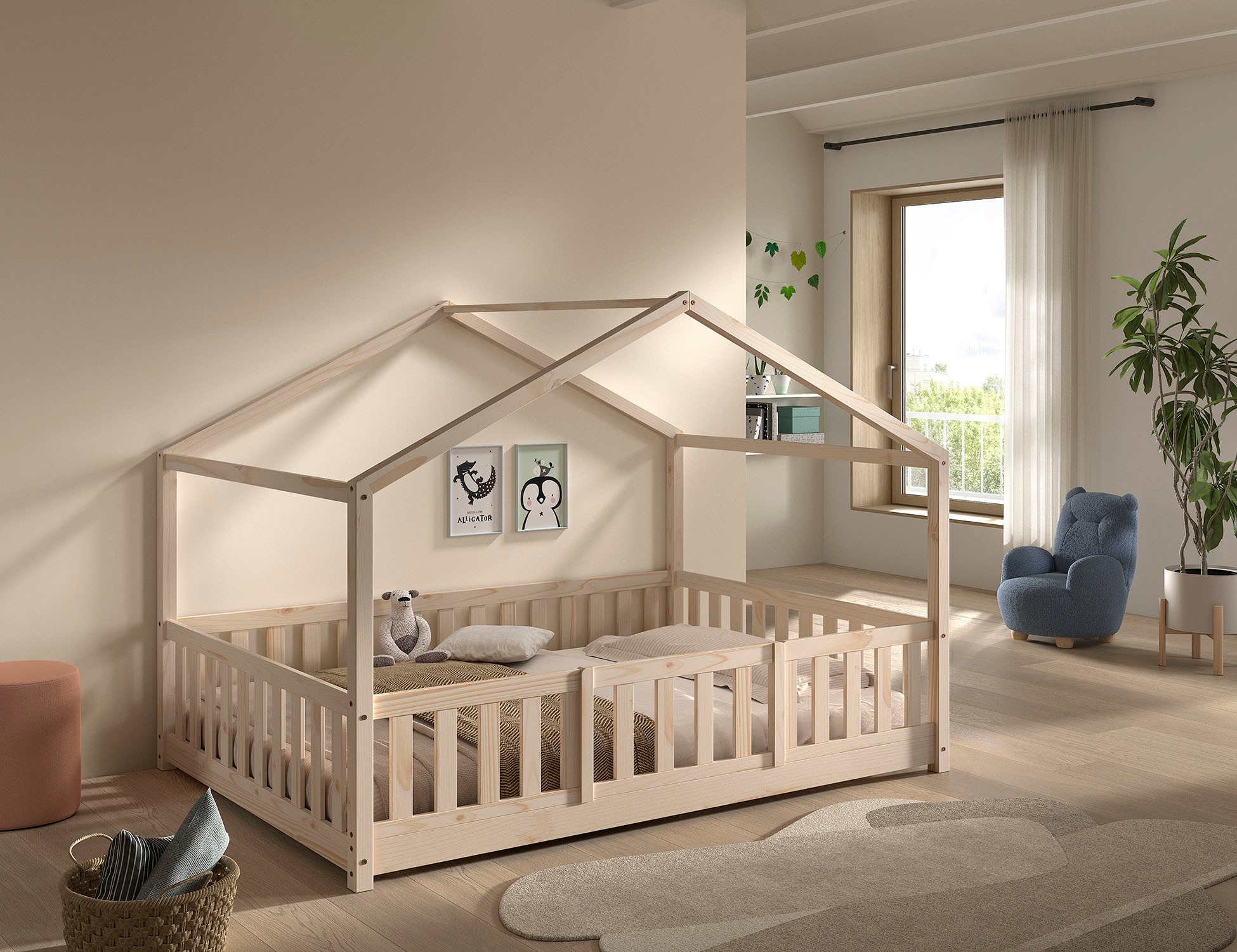 Vipack Hausbett »Dallas, Massivholzbett mit Dachaufbau umbaubar vom Boden- zum Daybett« inkl. Lattenrost, Rausfallschutz, Sprossen, 90 oder 140x200 cm breit,  stabil und standfest gebaut, wahlweise Kiefer massiv natur oder weiß