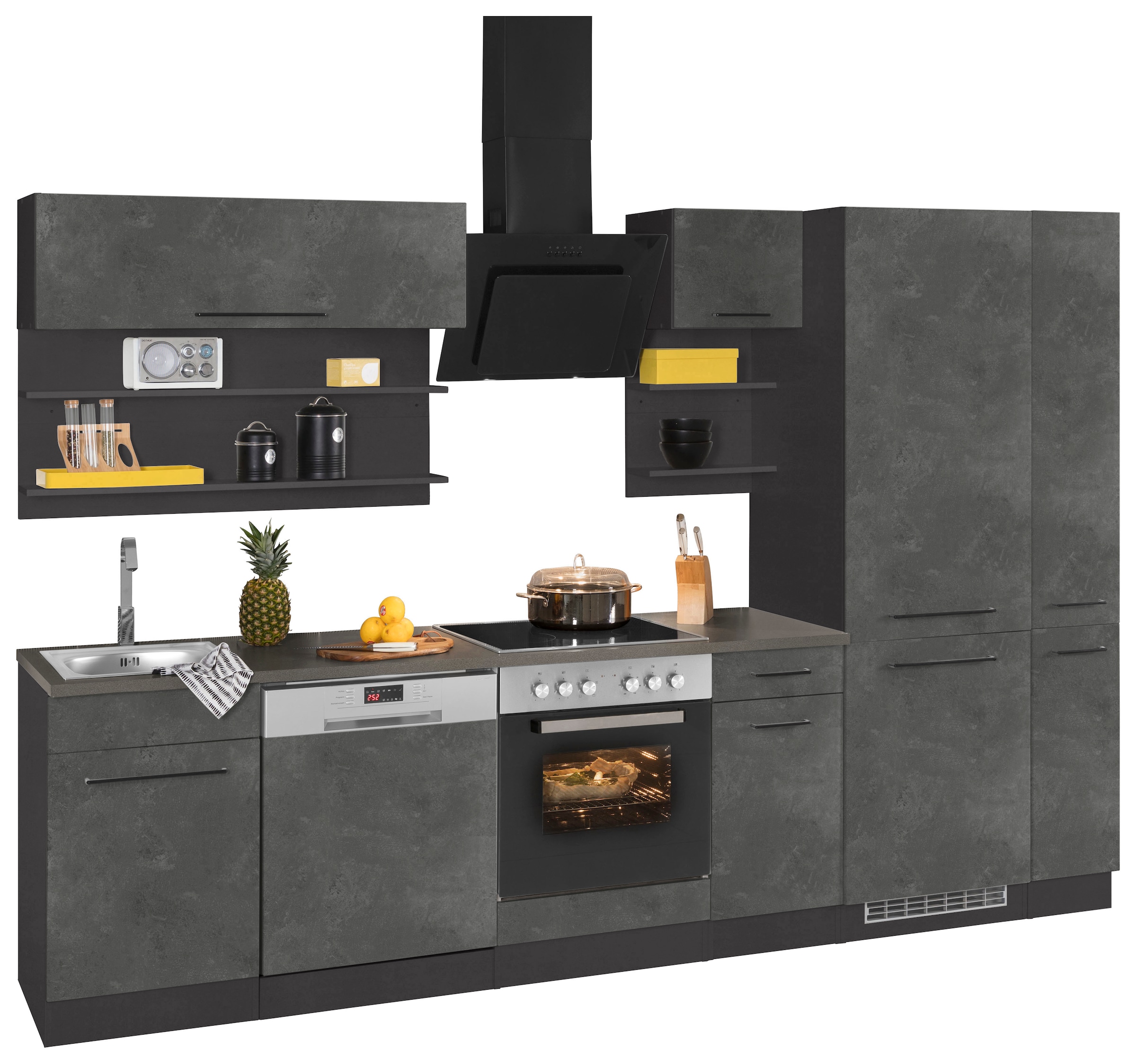 KOCHSTATION Küchenzeile »KS-Tulsa«, ohne E-Geräte, Breite 300 cm, schwarze Metallgriffe, MDF Fronten