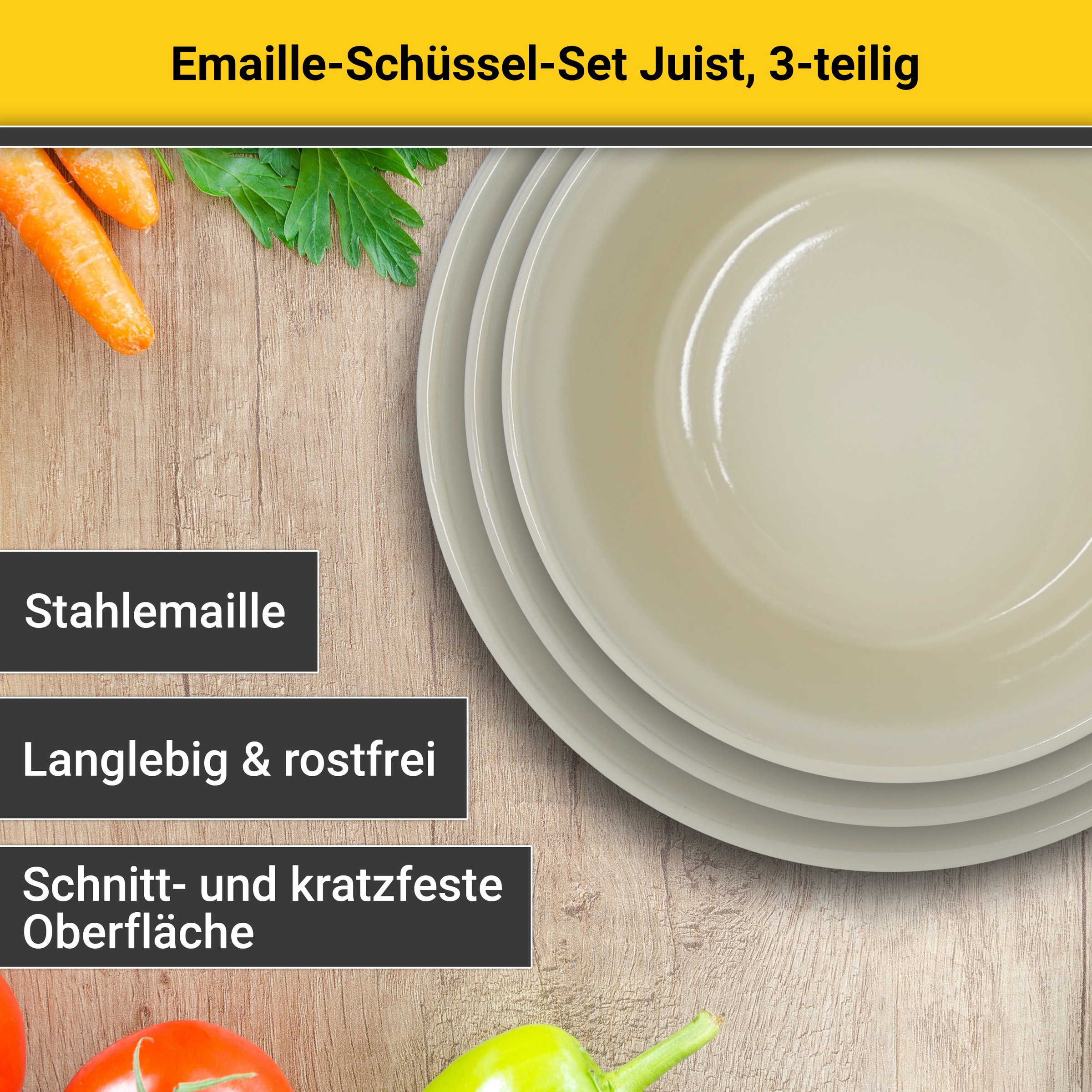 Thumbnail - Krüger Schüssel "Emaille Schüssel-Set Juist, 3 tlg. (Ø 20, Ø 24 und Ø 28 cm)" 3 Stk. aus Emaille emailliert, geruchsneut...