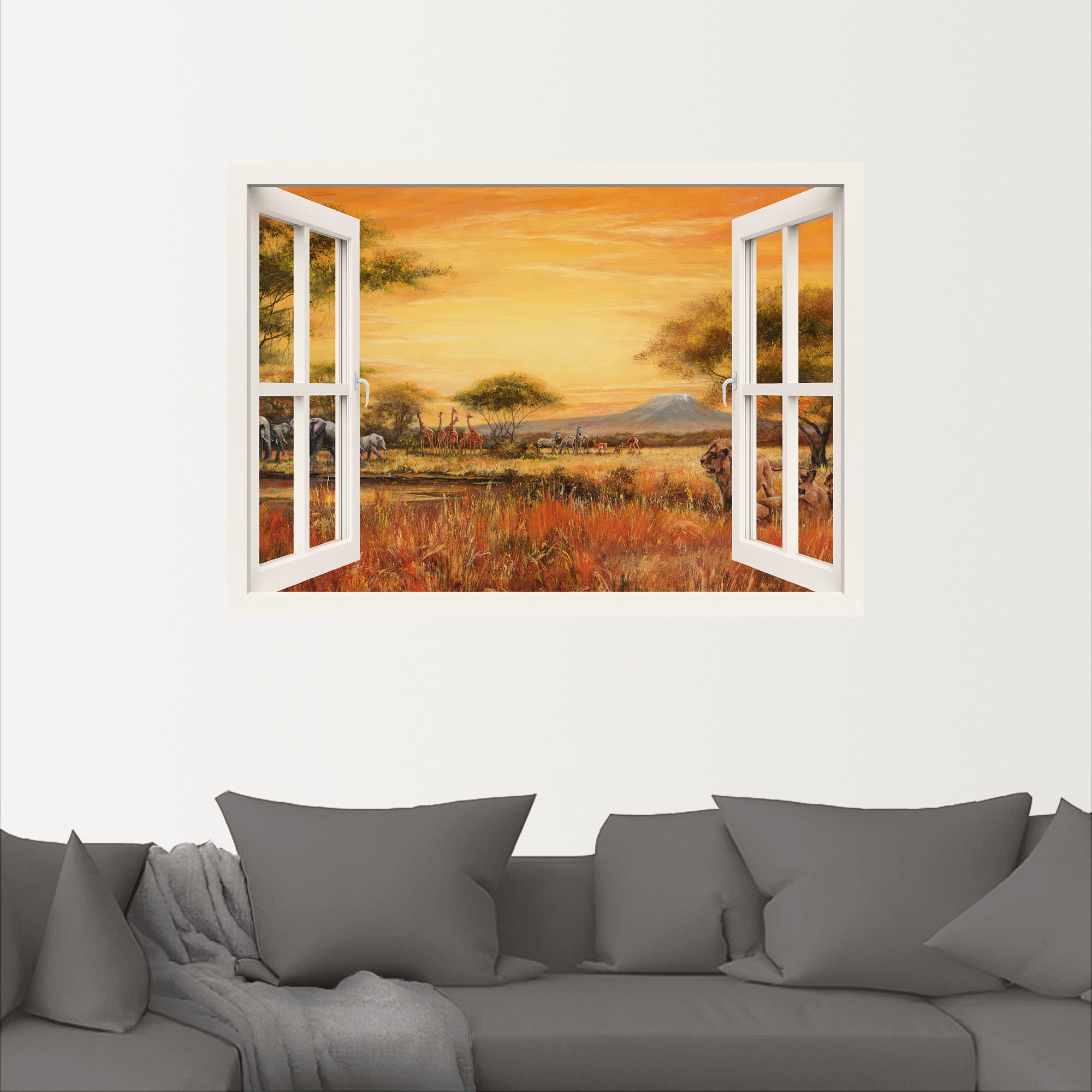 Artland Wandfolie »Afrikanische Steppe Löwen, weiß«, Fensterblick, (1 St.), selbstklebend