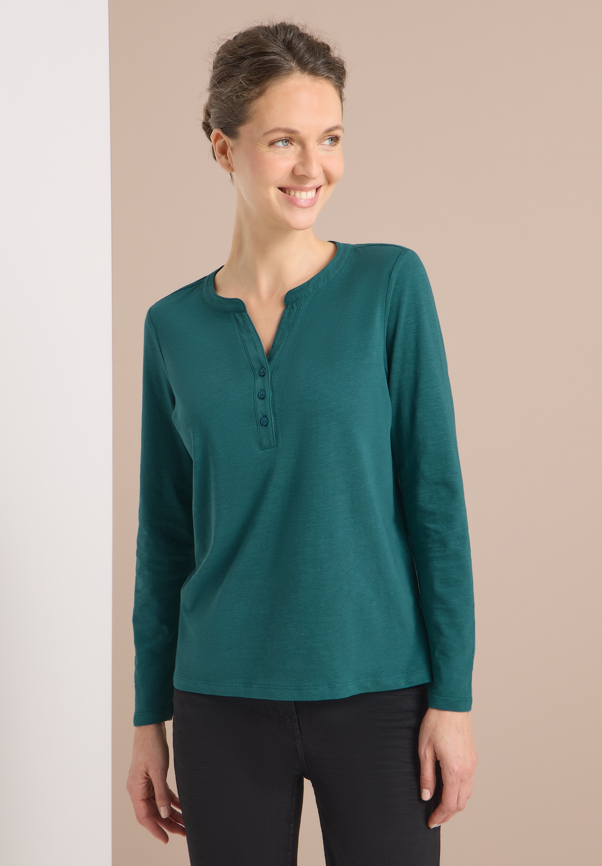 Langarmshirt CECIL, Damen, Gr. XXL (46), schwarz sea grün, Web, 100% Baumwolle, unifarben, normal normal, Rundhals, abgesteppt, Shirts Langarmshirt, aus reiner Baumwolle