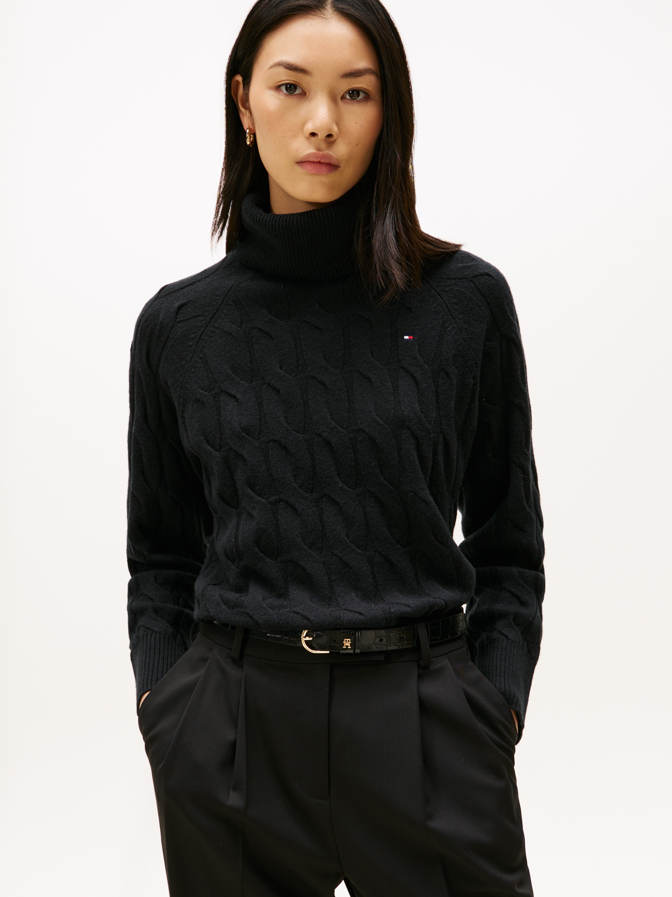 Tommy Hilfiger Rollkragenpullover "SOFT WOOL CABLE ROLL-NK LS SWT" Wolle, mit Zopfmuster