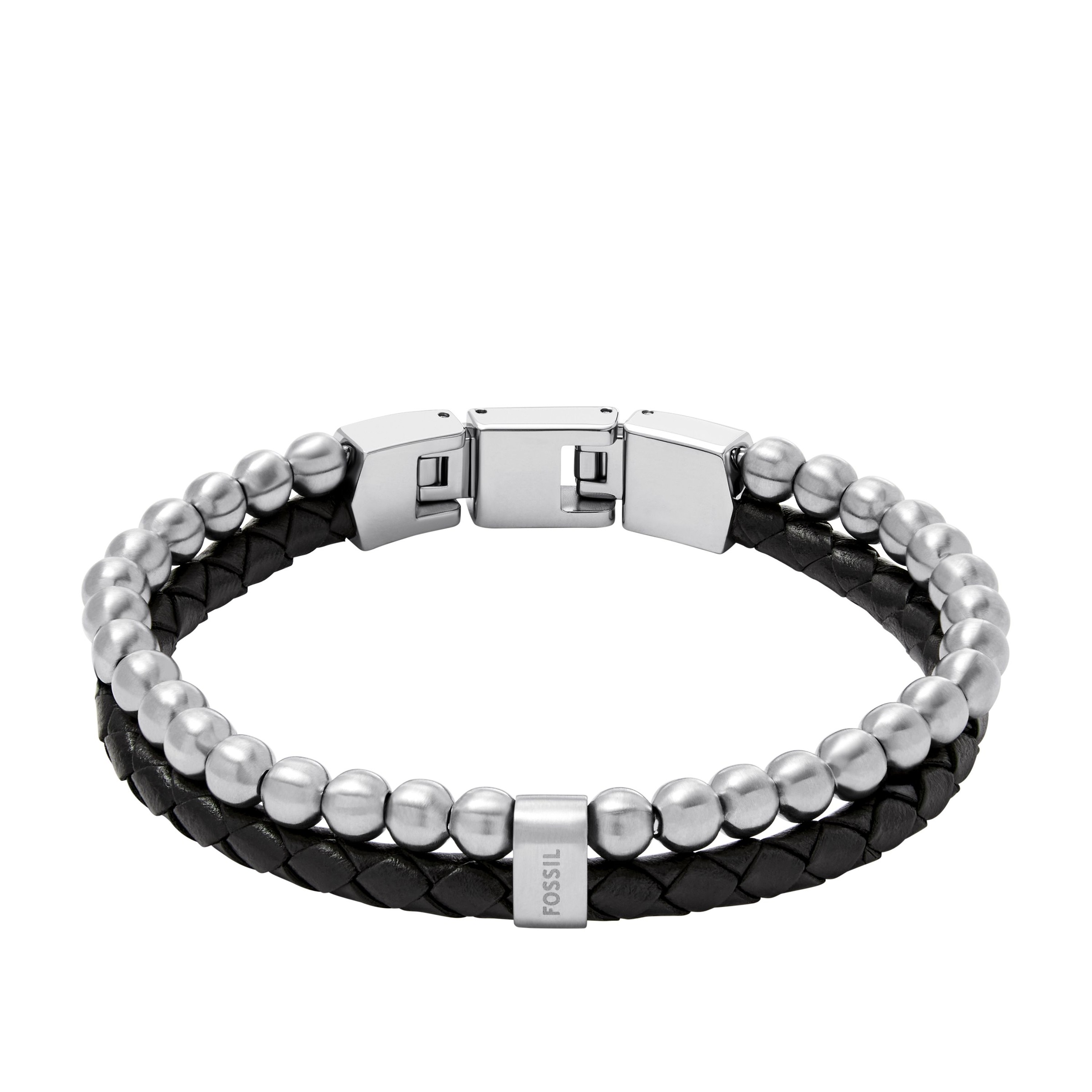 Armband FOSSIL "Schmuck Geschenk Edelstahl Leder Armschmuck JEWELRY", schwarz (edelstahlfarben, schwarz), Armbänder, Damen, 21,5cm, Edelstahl Leder, Edelstahl, Leder, Armband 3