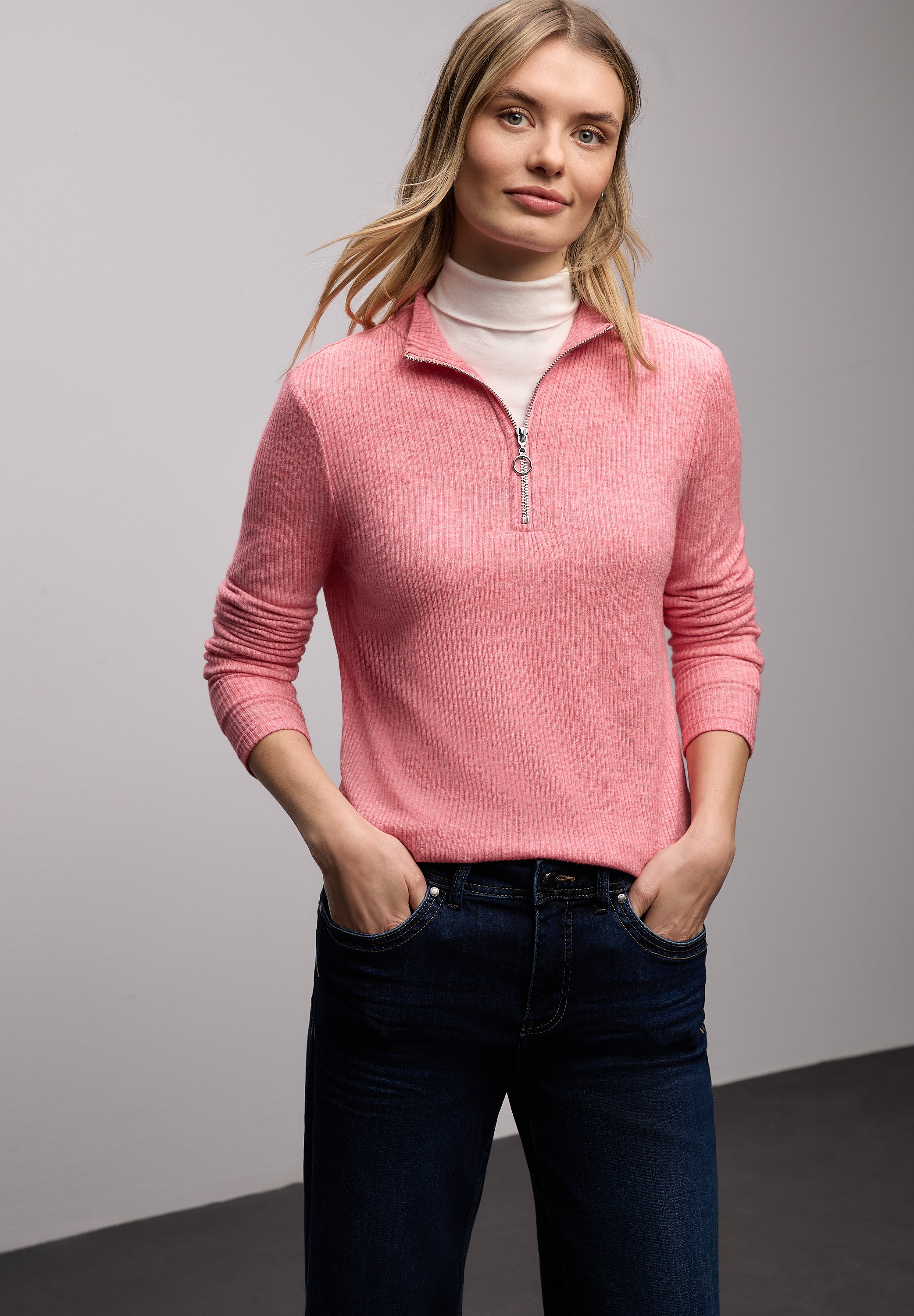 STREET ONE Langarmshirt mit Rippstruktur und Zipper günstig online kaufen