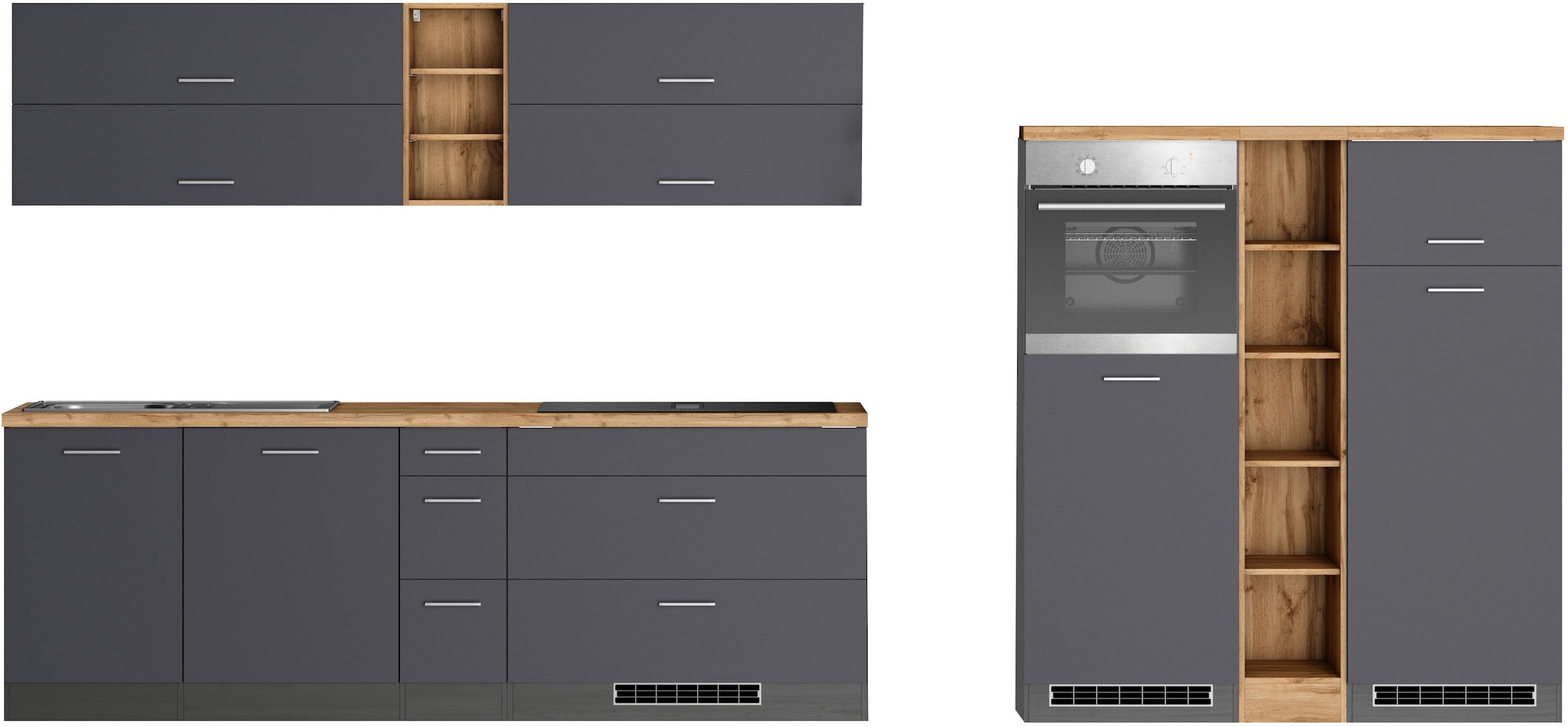 KOCHSTATION Küchenzeile »KS-Milan, optional mit Muldenlüfter« Breite 390 cm, wahlweise mit E-Geräten, Kochfeld mit Dunstabzug