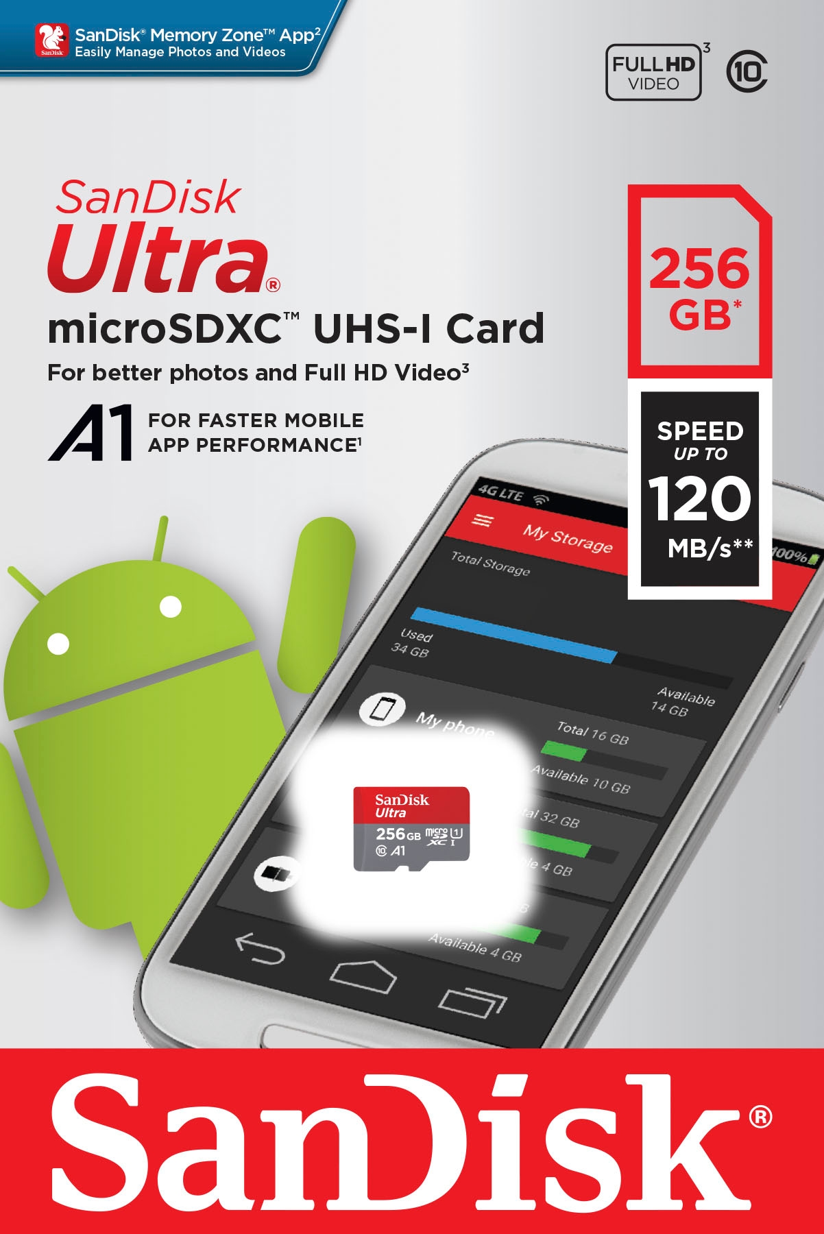 Sandisk Speicherkarte »Ultra 256GB microSDXC«, (Class 10 120 MB/s Lesegeschwindigkeit), A1, UHS-I