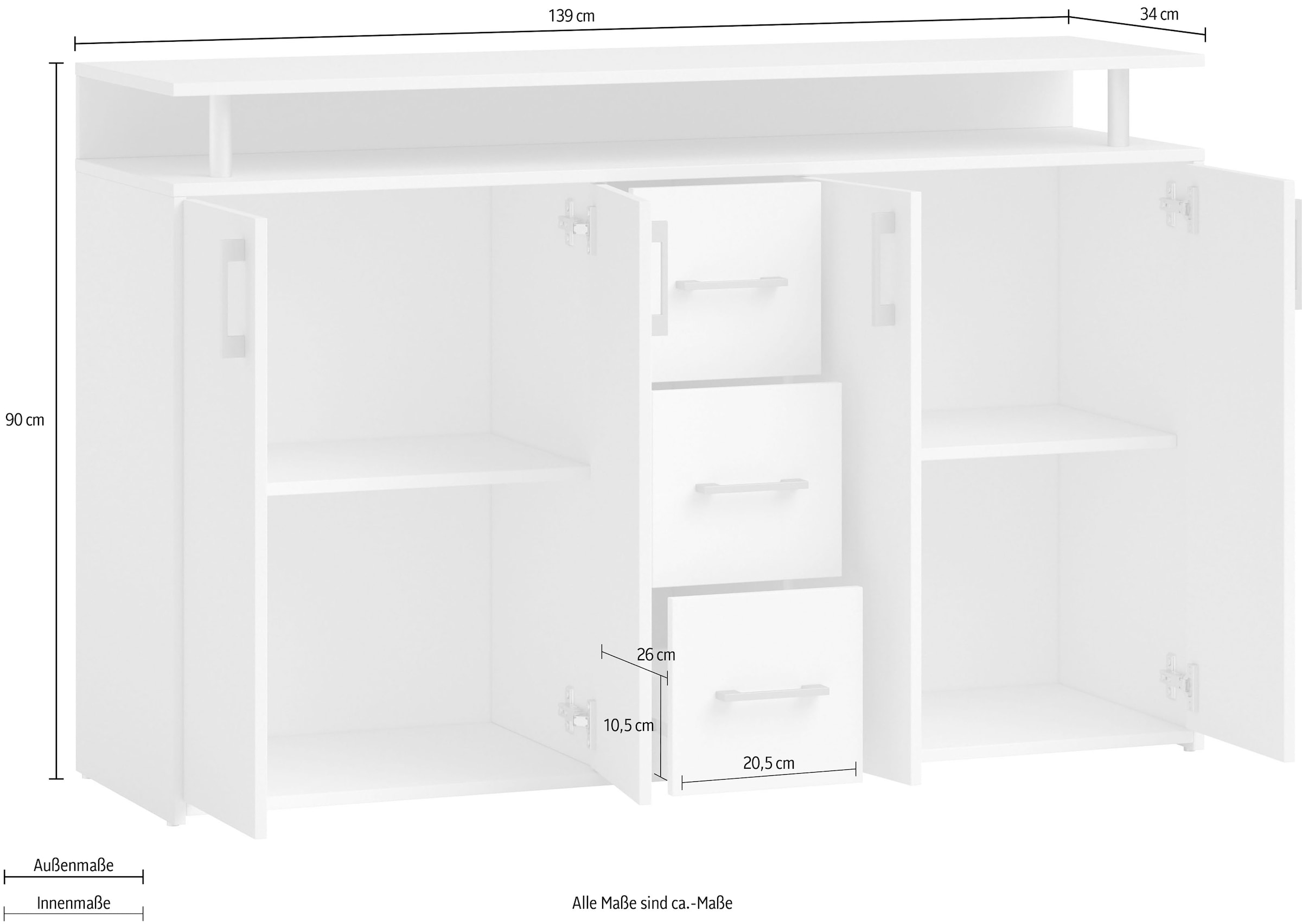 HBZ Sideboard »Drivno Sideboard, B/H/T 139x90x34 cm«, Breite 139cm, Kugelauszug, Einlegeböden verstellbar, 3 Schubkästen
