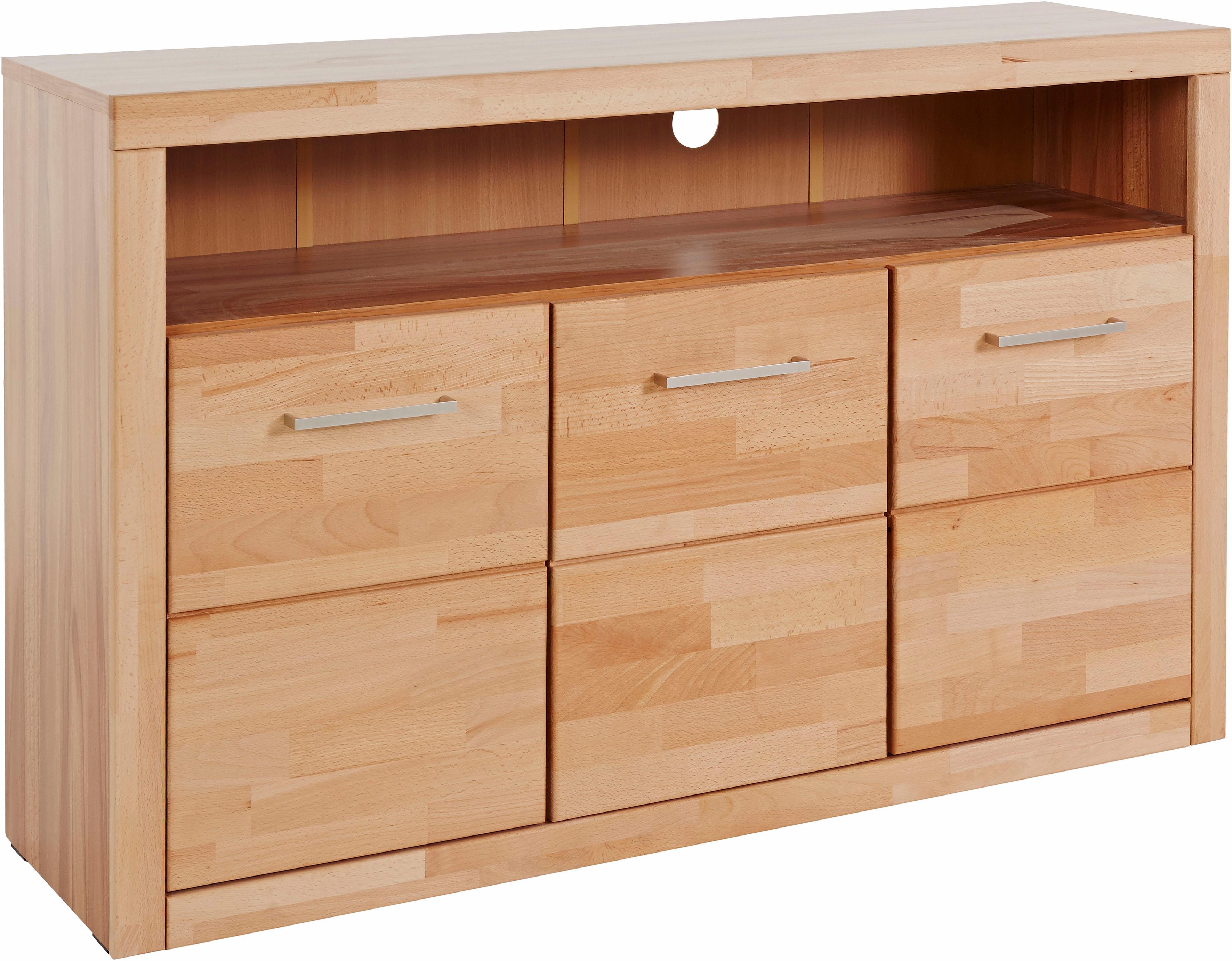 OTTO home Sideboard "Ribe,130cm breit, Fronten Massivholz,7 Fächer" Holz massiv, Holzwerkstoff, Metall Griffe,3 Türen