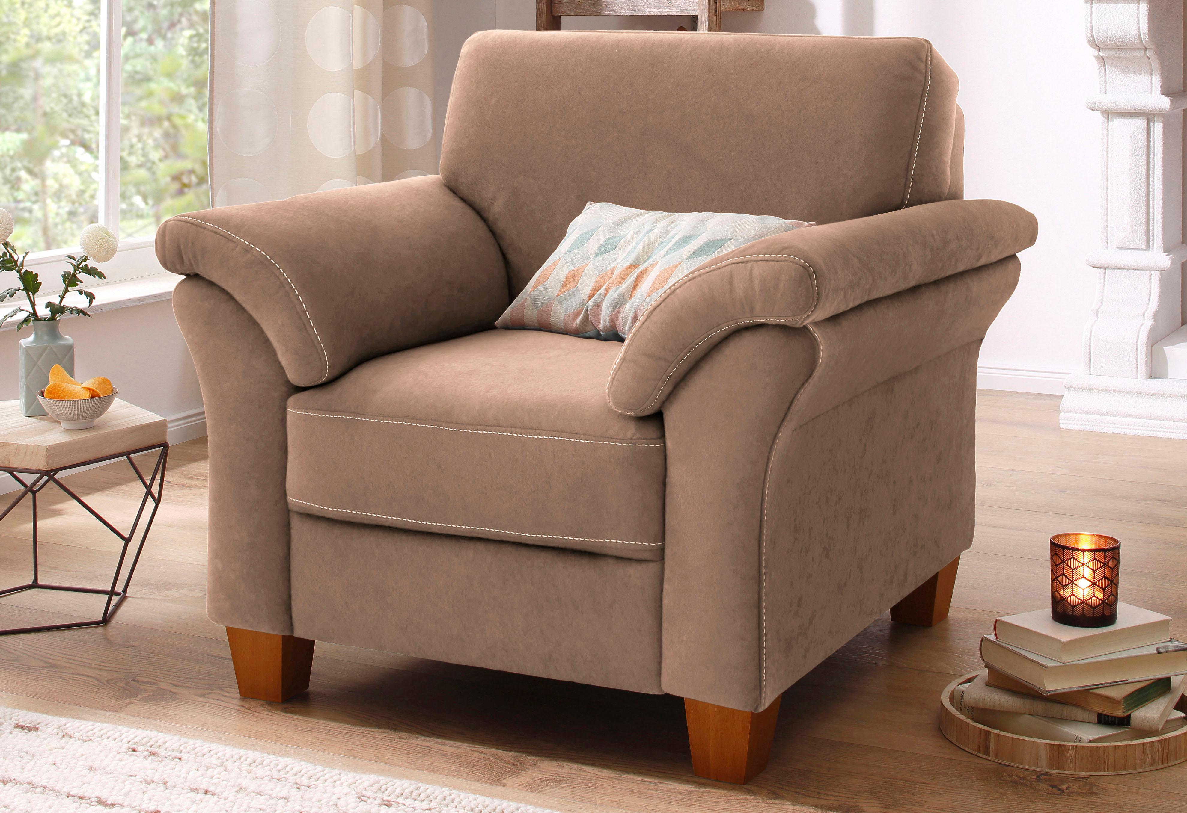 OTTO home Sessel "Borkum, B: 101 cm, Federkern-Polsterung, komfortable Sitzhöhe 46 cm" Frei im Raum stellbar, Massivholzfüße, wohnliches Design