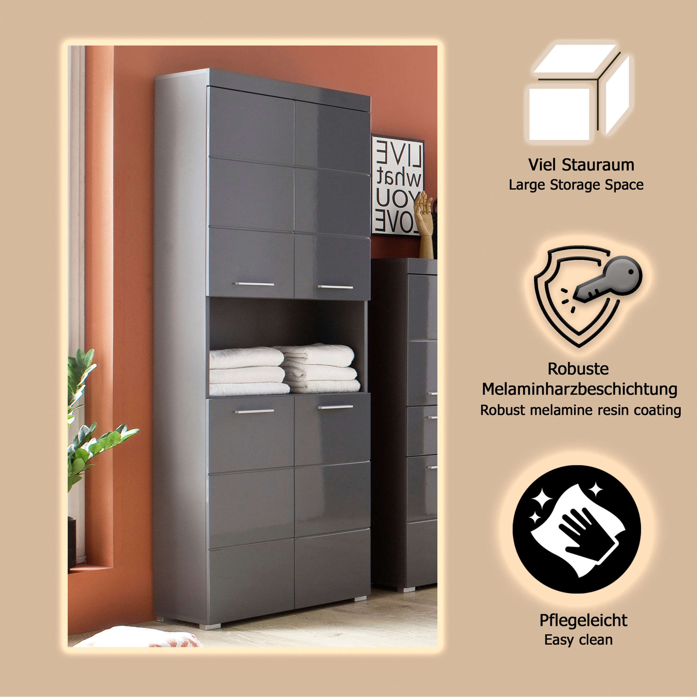 welltime Hochschrank »Avena« Badschrank 4-türig mit o. Fach und 4 Einlegeböden - B/T/H 73/31/190 cm