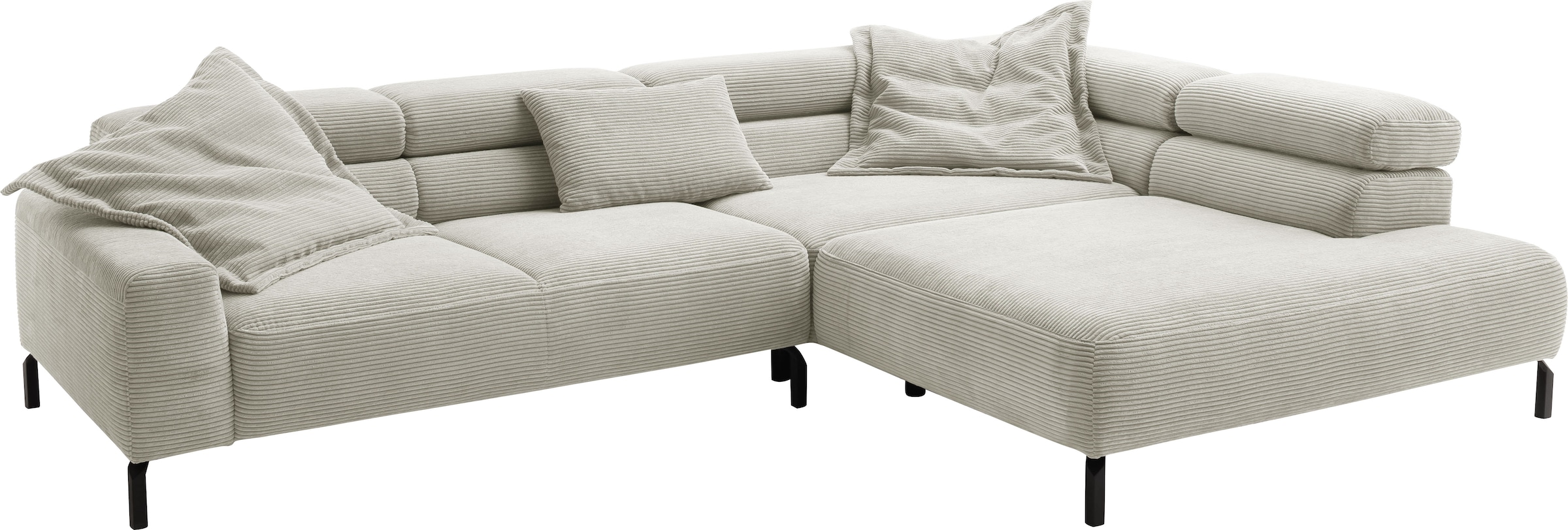 Places of Style Ecksofa »Antonelli, L-Form, inkl. Kopfteilverstellung, Breite 312 cm«, ohne Sitztiefenverstellung, in Cord, hellgrau