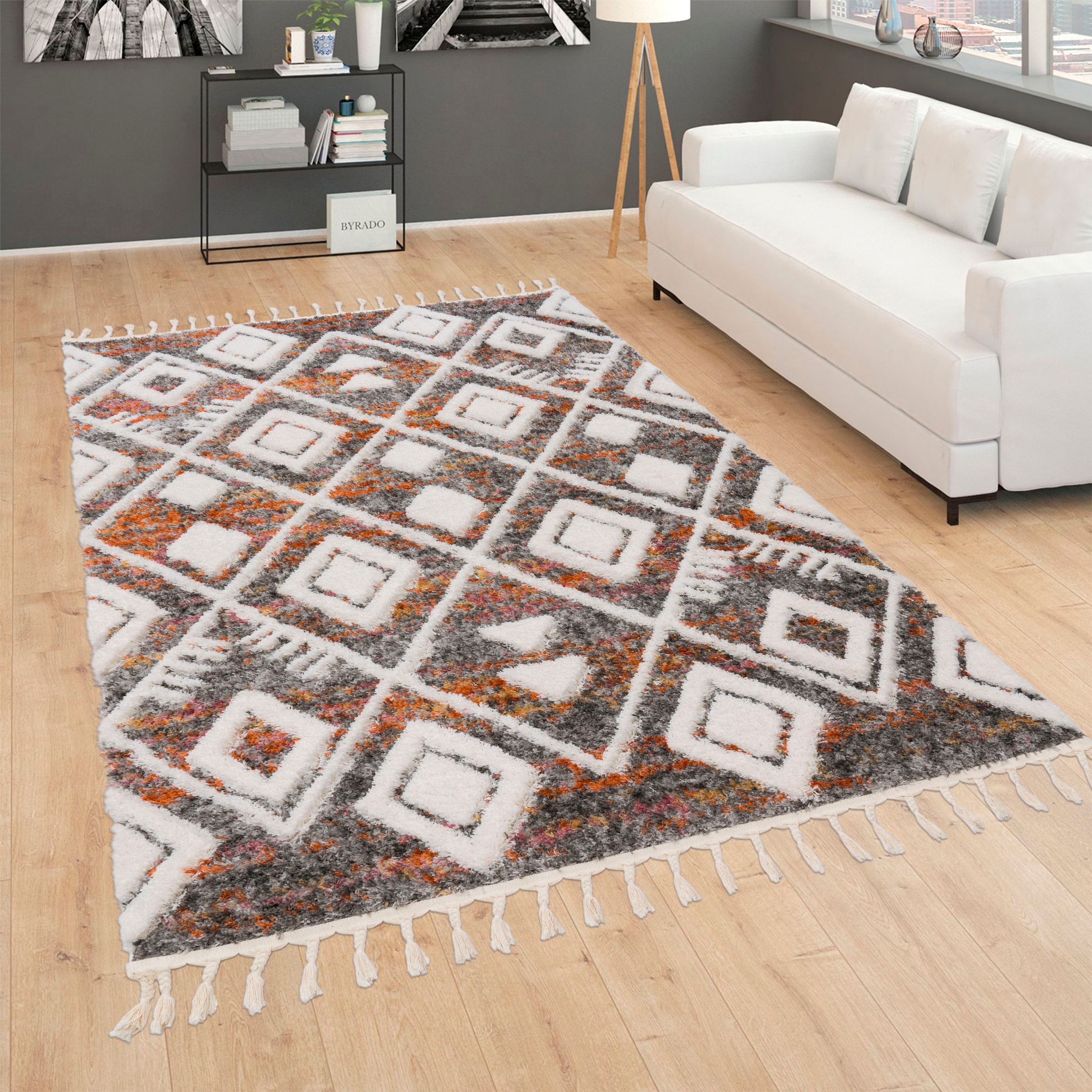 Paco Home Hochflor-Teppich Fransen Rauten | rechteckig, BAUR »Monza Muster, mit 654«, 3D-Effekt, kaufen meliert
