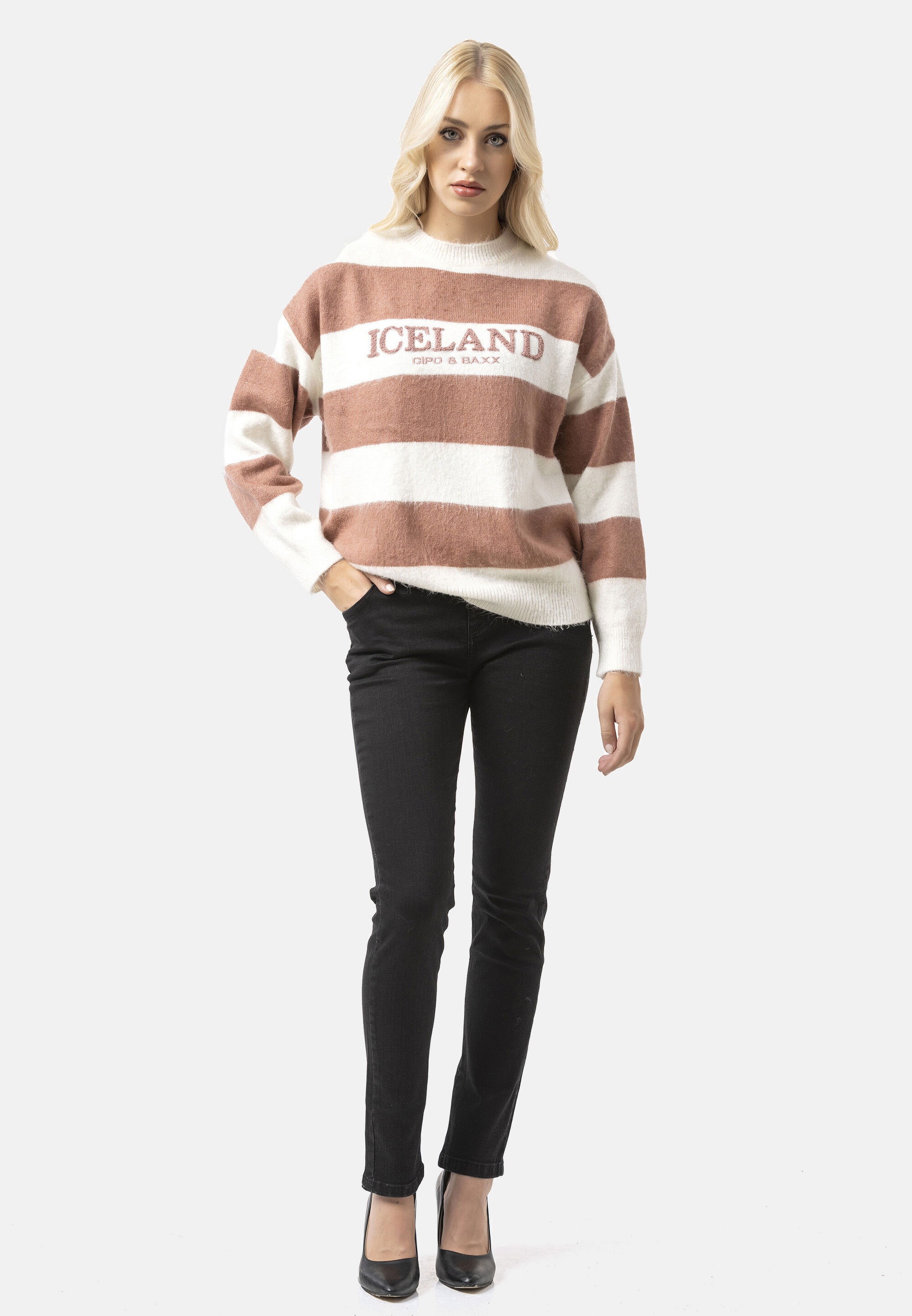 Cipo & Baxx Strickpullover »WP263« 1 Stk. Streifenmuster mit Frontprint