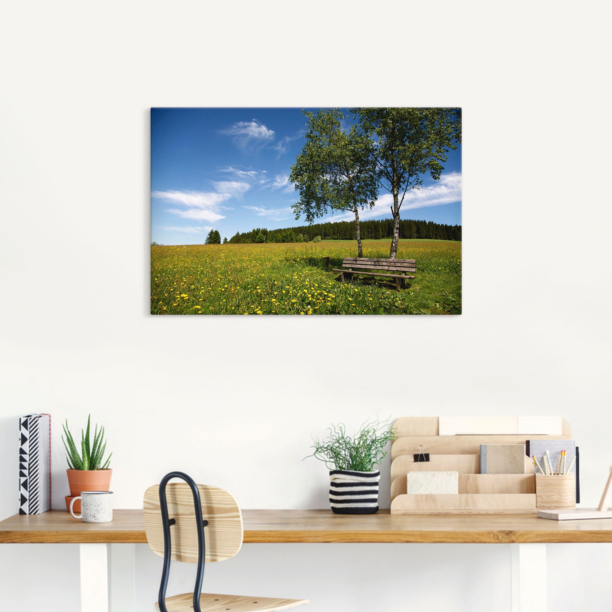 Artland Wandbild »Einsame Bank auf einer Löwenzahnwiese«, Felder, (1 St.), als Leinwandbild, Poster in verschied. Größen