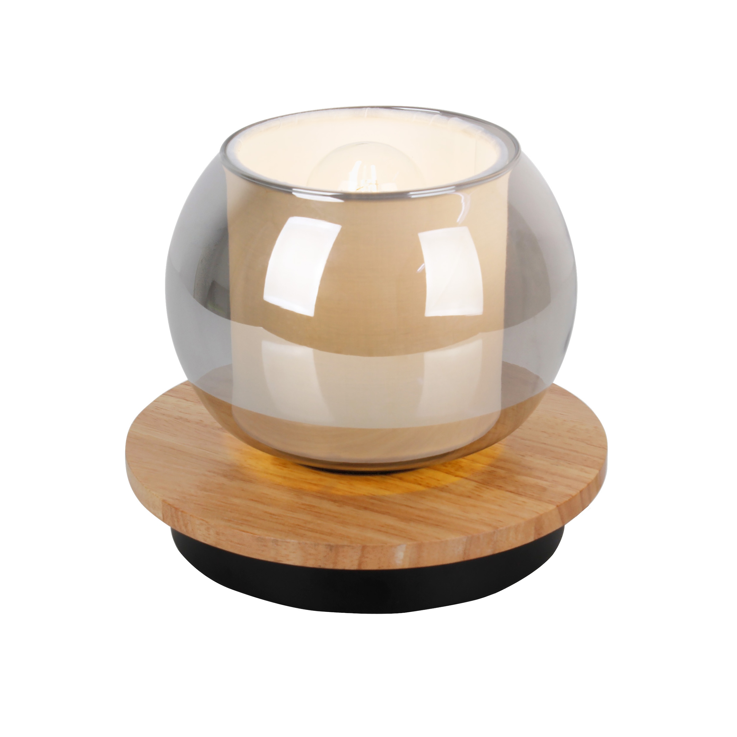 NÄVE Tischleuchte "Texas", natur, 1, Ø 15cm H: 15cm, 1 Stk., Leuchten, Glasschirm smokey, naturfarbenes Holzdetail, 1x E27 exkl., D: 18cm, Tischleuchte