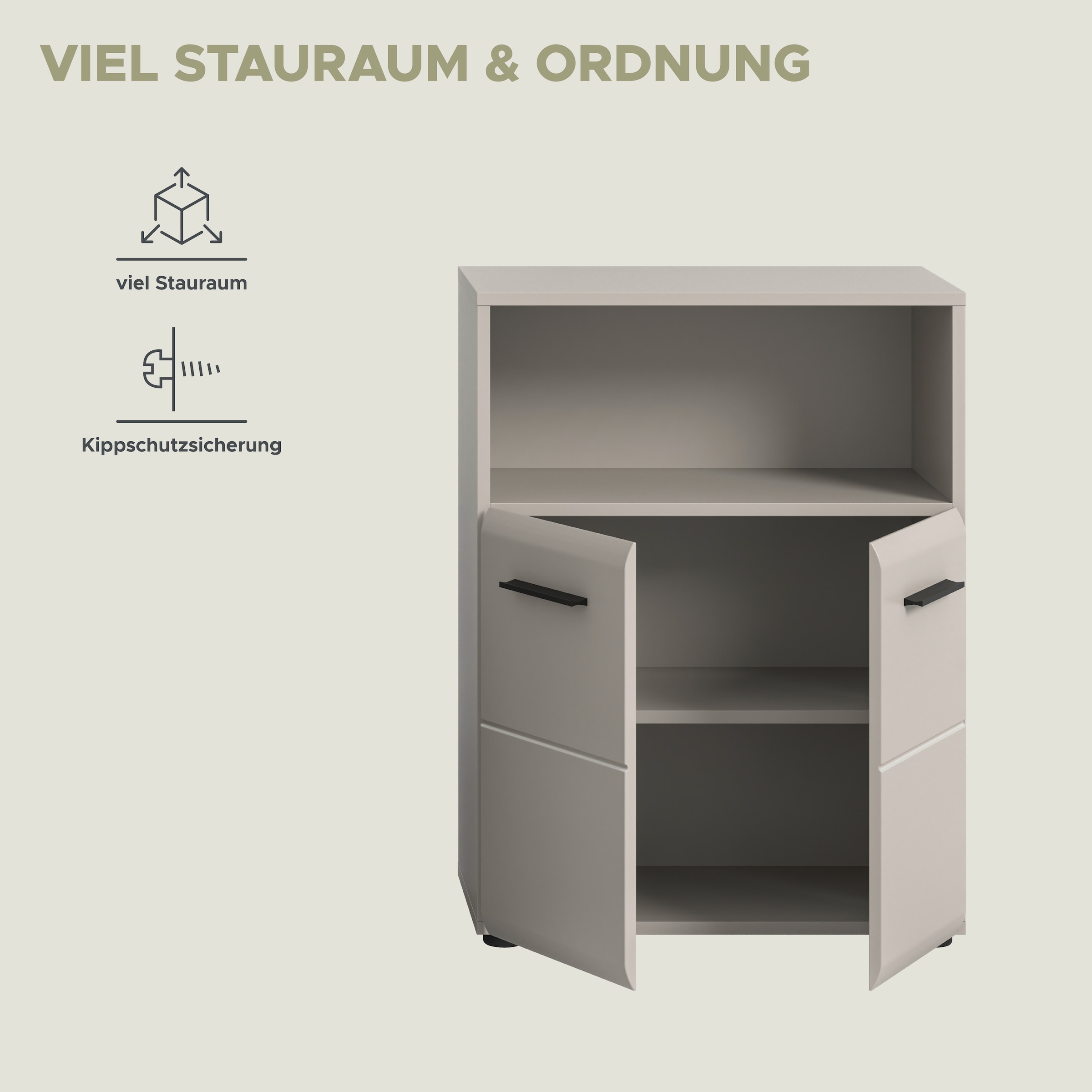 welltime Midischrank »FLORENZ,  Breite 60 cm, 2 Türen, 1 Fachboden, 1 offene Fach« TOPSELLER!, 1 Stk. tlg. hochwertige MDF Front, Griff schwarz, Badschrank, Bad