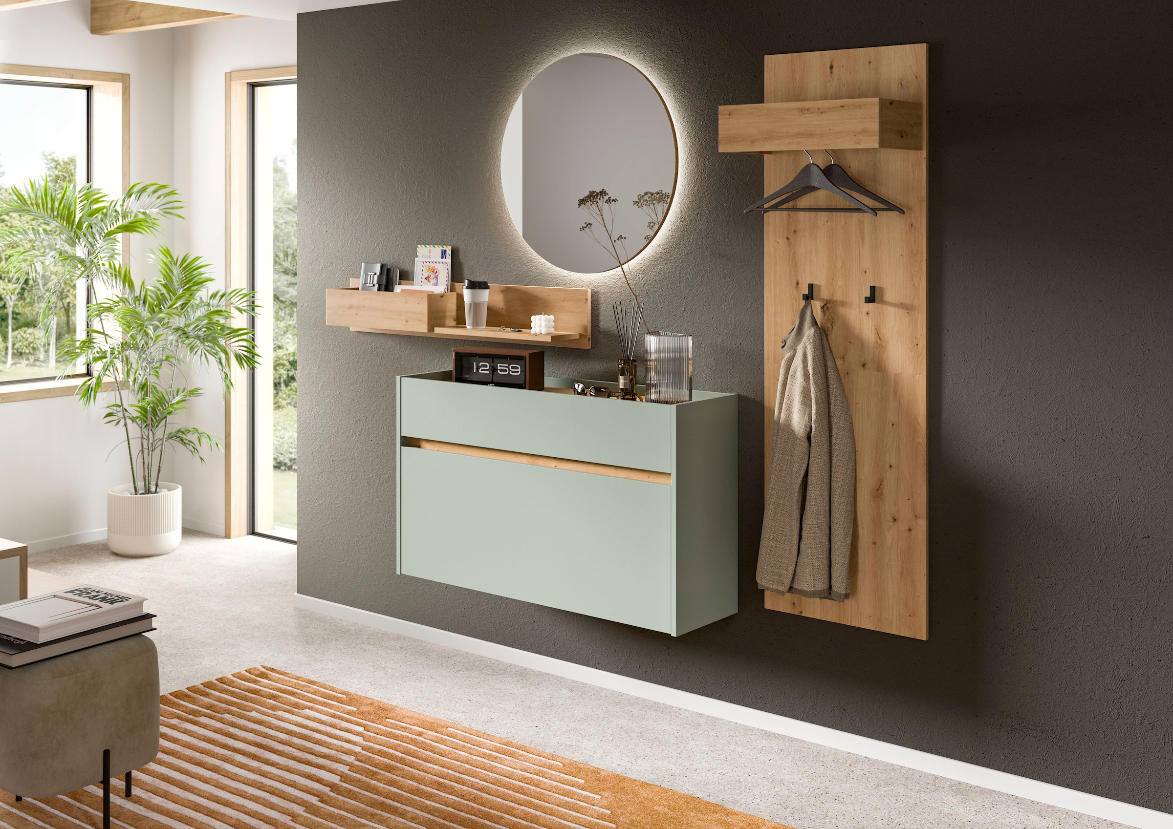 INOSIGN Garderoben-Set »EVRID, 4-teilig, Breite 205 cm, inkl. Beleuchtung« best. aus: Wandboard, Kommode, Spiegel, Garderobenpaneel, 4 Stk. tlg.