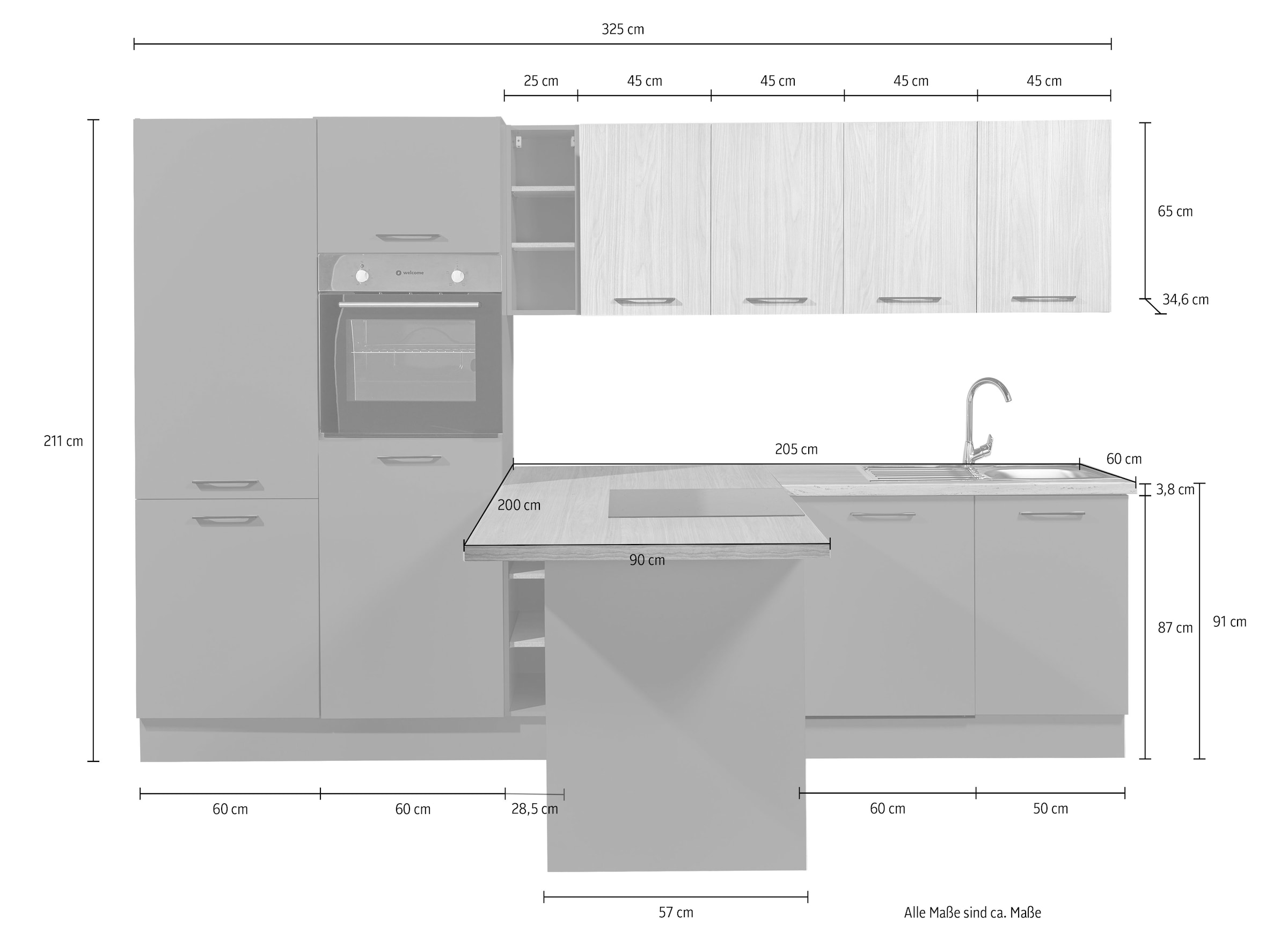 BASIC by Balculina Küchenzeile »Girona B/H/T 325x211x200 cm« Breite 325cm, wahlweise mit E-Geräte, Softclose
