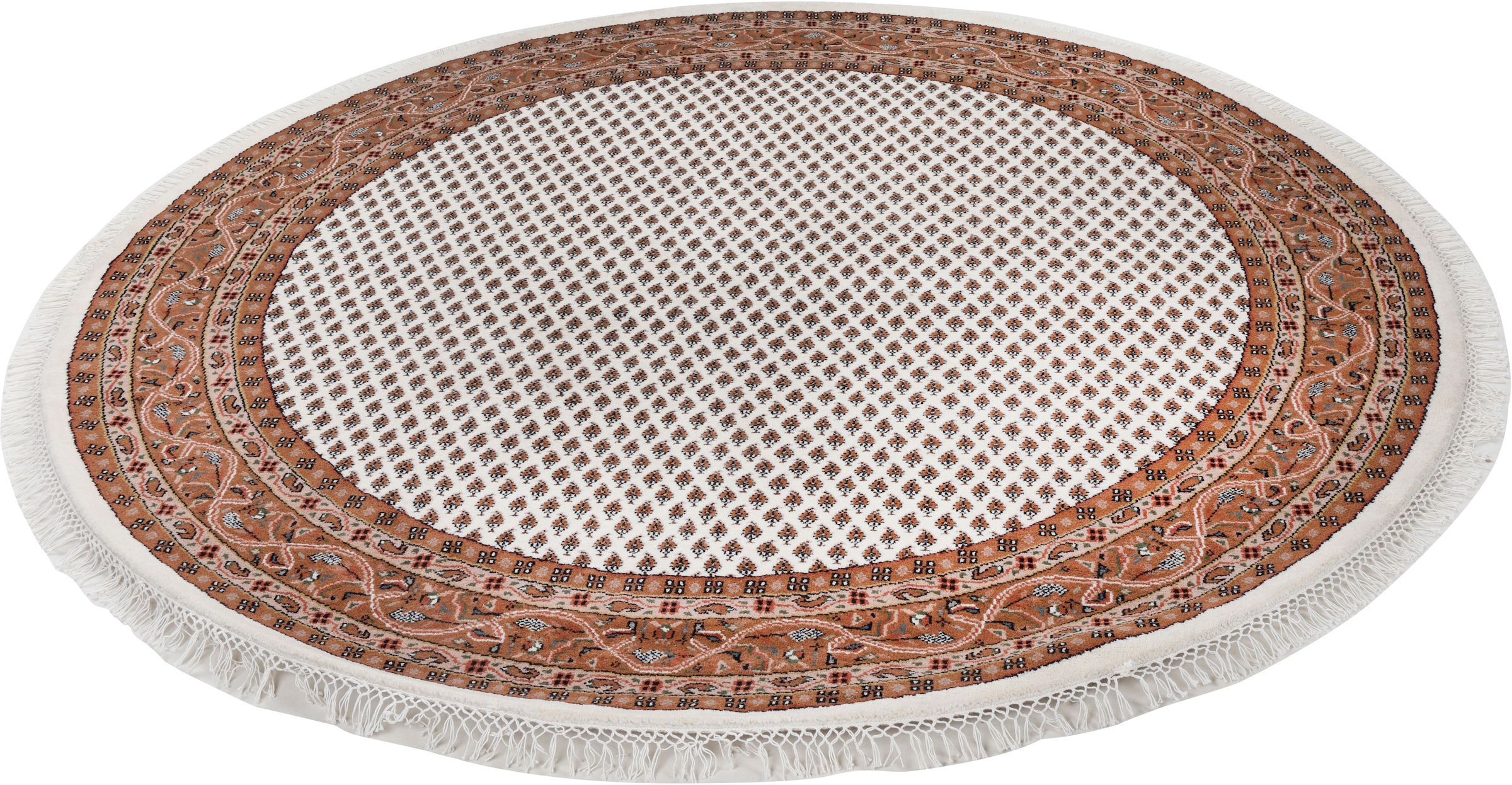Orientteppich THEKO "Chandi Mir", braun (creme, braun), H:12mm Ø:200cm, Schurwolle, Teppiche, Fransenteppich, reine Wolle handgeknüpft, mit Fransen