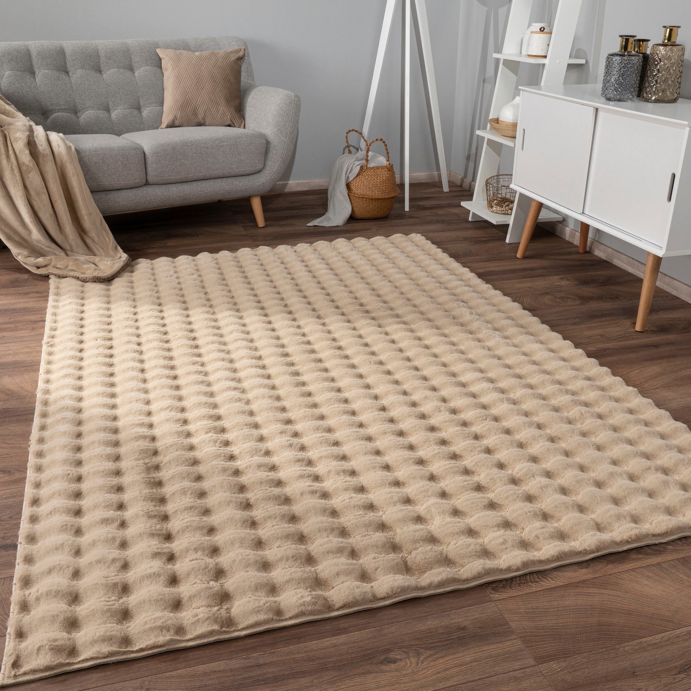 Hochflor-Teppich PACO HOME "Arnheim 741", beige, B:60cm H:34mm L:100cm, Polyester, Teppiche, Uni Farben, modernes Design, besonders weich, Hoch-Tief Effekt 3