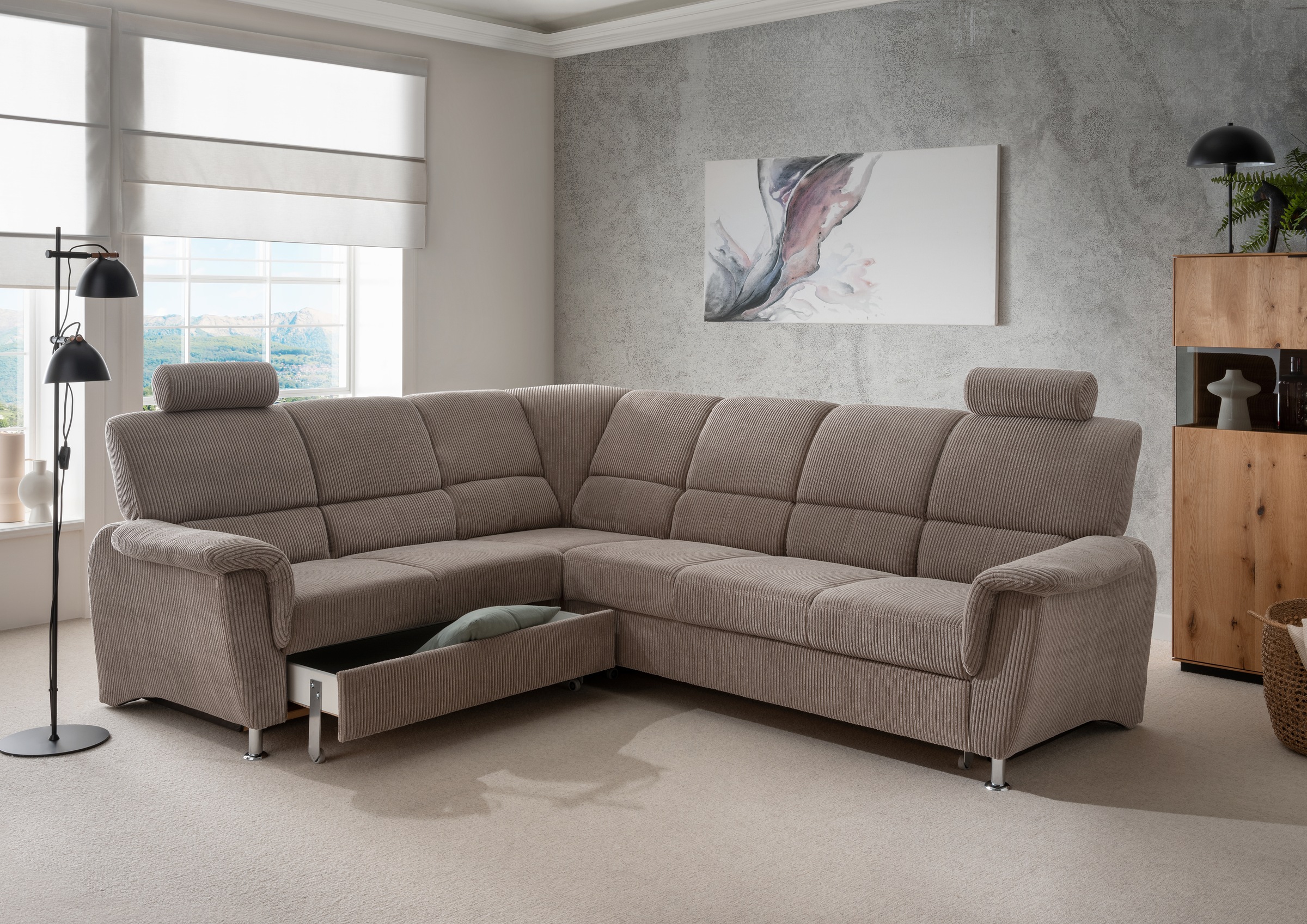 Home affaire Ecksofa »Pisa L-Form, mit Schlaffunktion, Stauraum, 2x höhenverstellbare«, Kopfstützen und Relaxfunktion im Eckelement