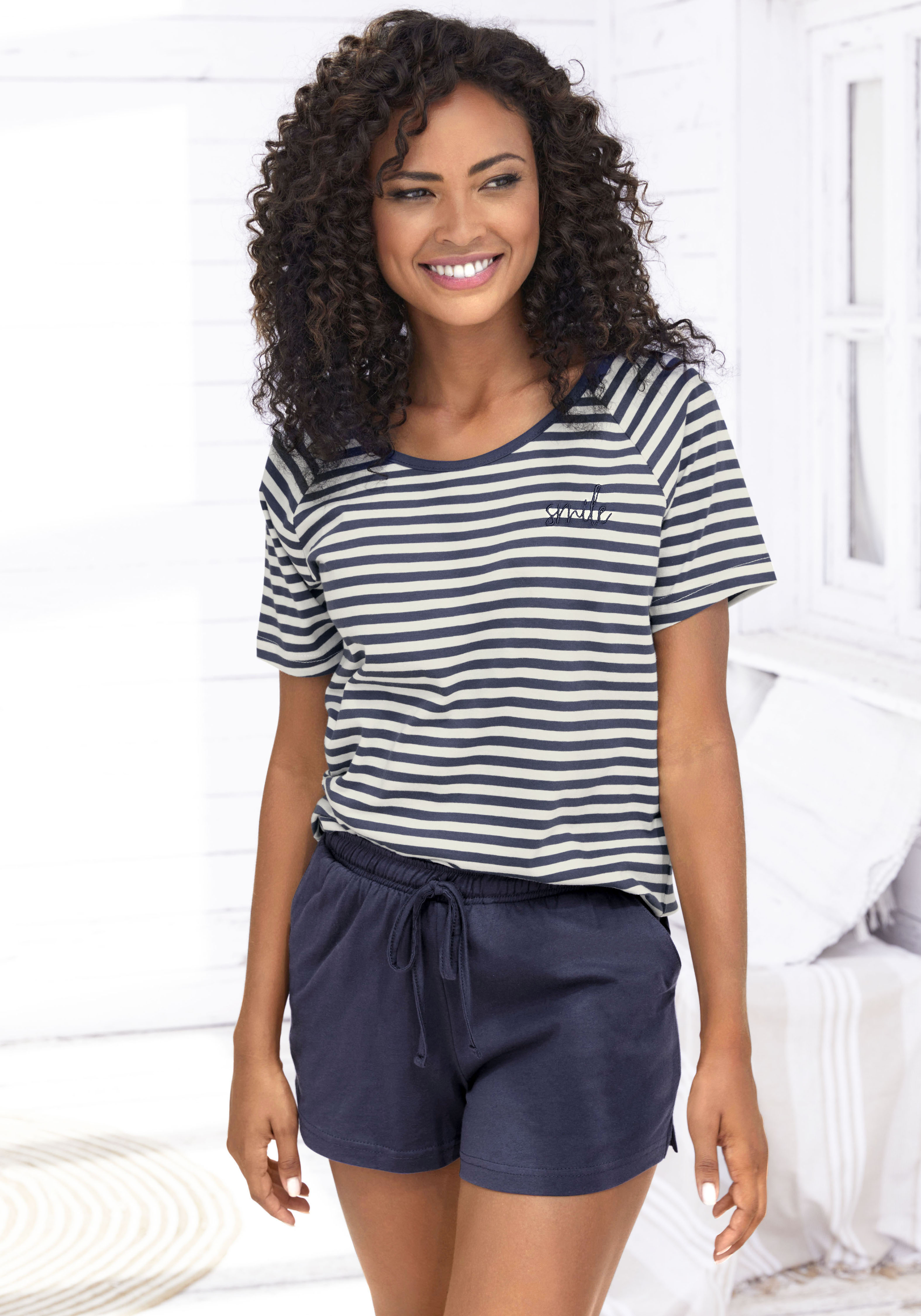 VIVANCE DREAMS Damen Shorty, Gr. 40, blau, Single Jersey, Obermaterial: 100% Baumwolle, bestickt, gestreift, Homewear-Sets, mit schönem Streifenmuster