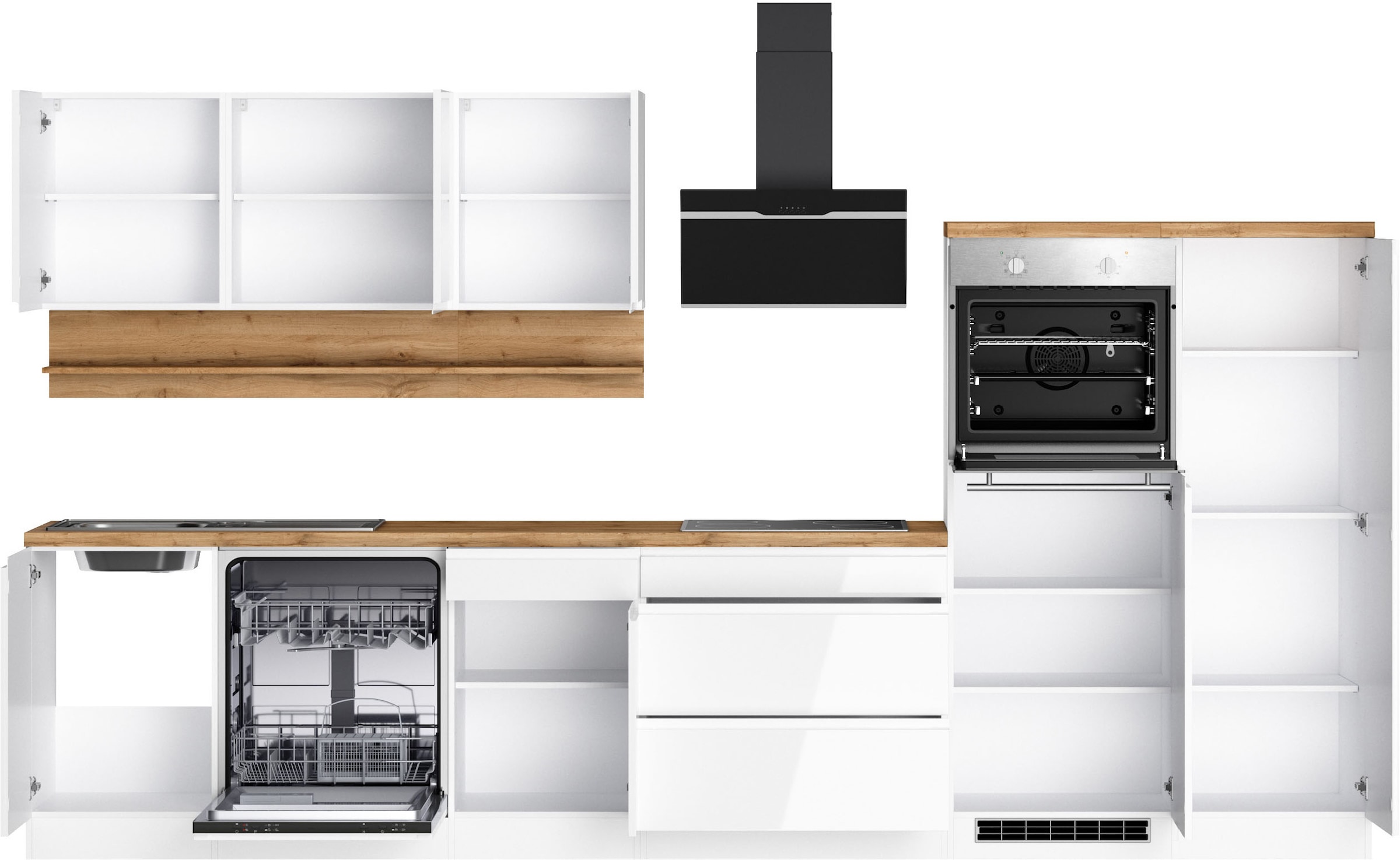 KOCHSTATION »KS-Virginia,neu in verbesserter Ausführung« Arbeitsplatte 38 mm stark, Stauraum, Softclose,  Breite 350 cm, Soft-Close, ohne E-Geräte