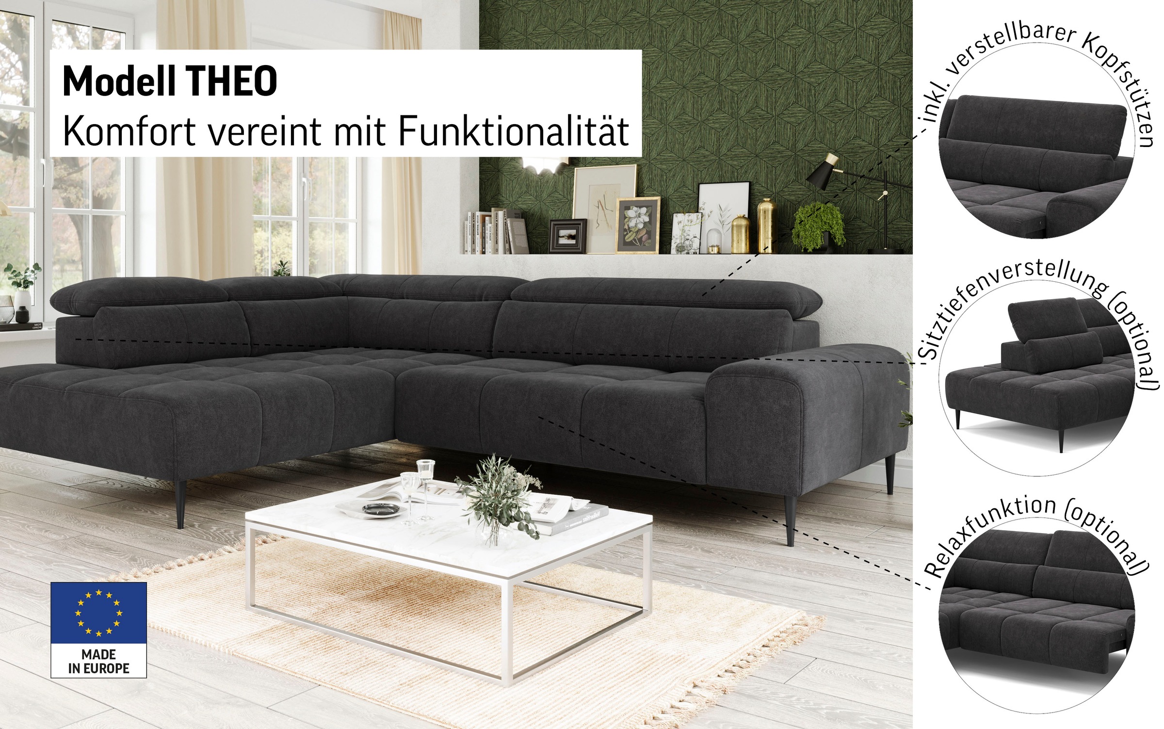 Thumbnail - COTTA Ecksofa "Theo L-Form, B: 298 cm" mit Kopfteilverstellung, optional Sitztiefenverstellung