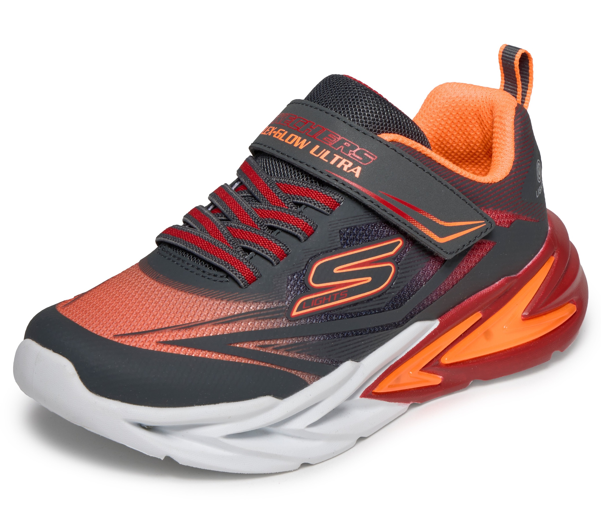 Sneaker SKECHERS "FLEX-GLOW ULTRA", Mädchen, Gr. 31, grau, orange, Lederimitat, Textil, Mesh, kontrastfarbene Details, Schuhe Sneaker, Klettschuh zum Schlüpfen, Größenschablone zum Download