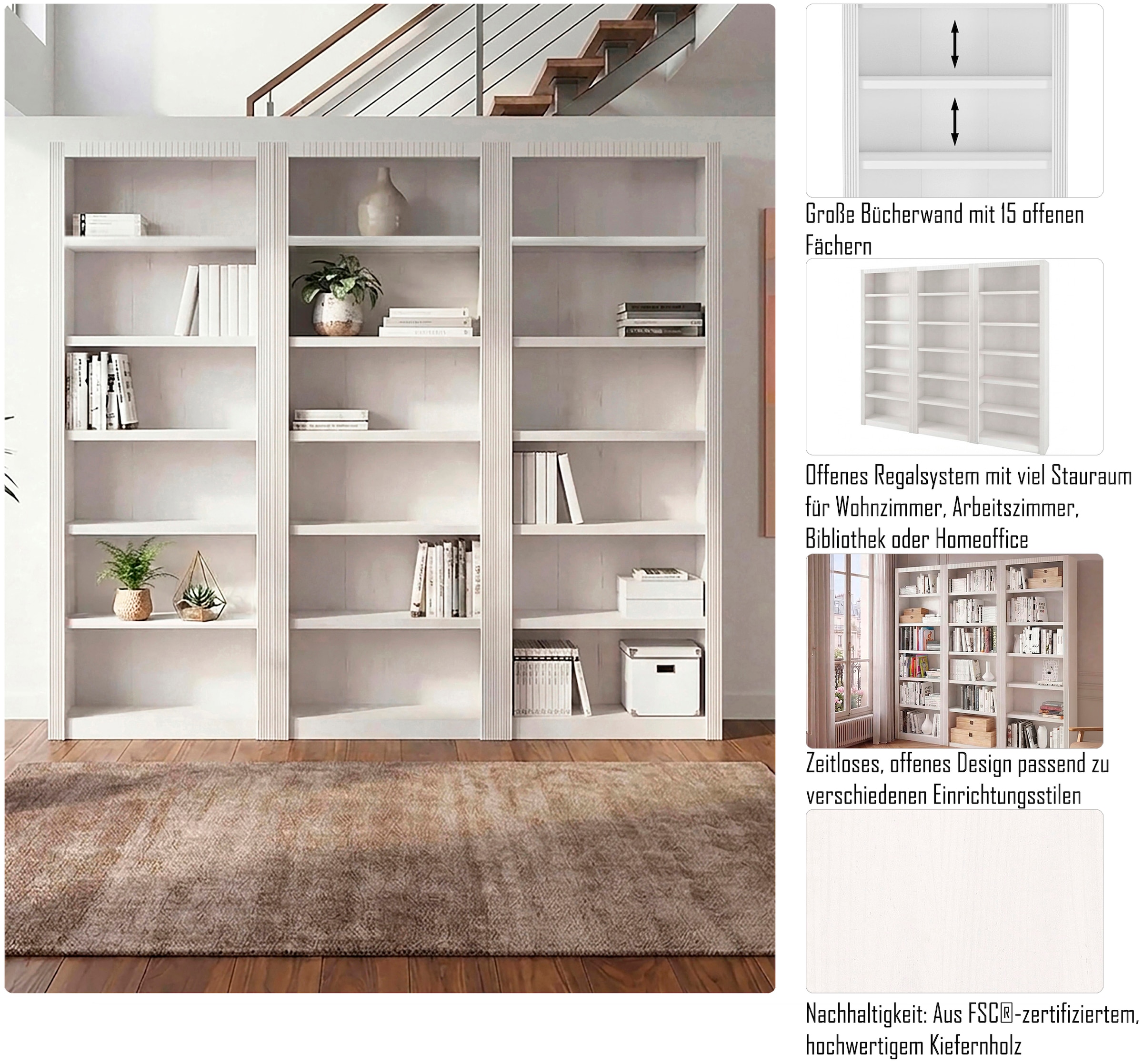 OTTO home Bücherwand »Bergen« aus schönem massivem Kiefernholz, 3 tlg.