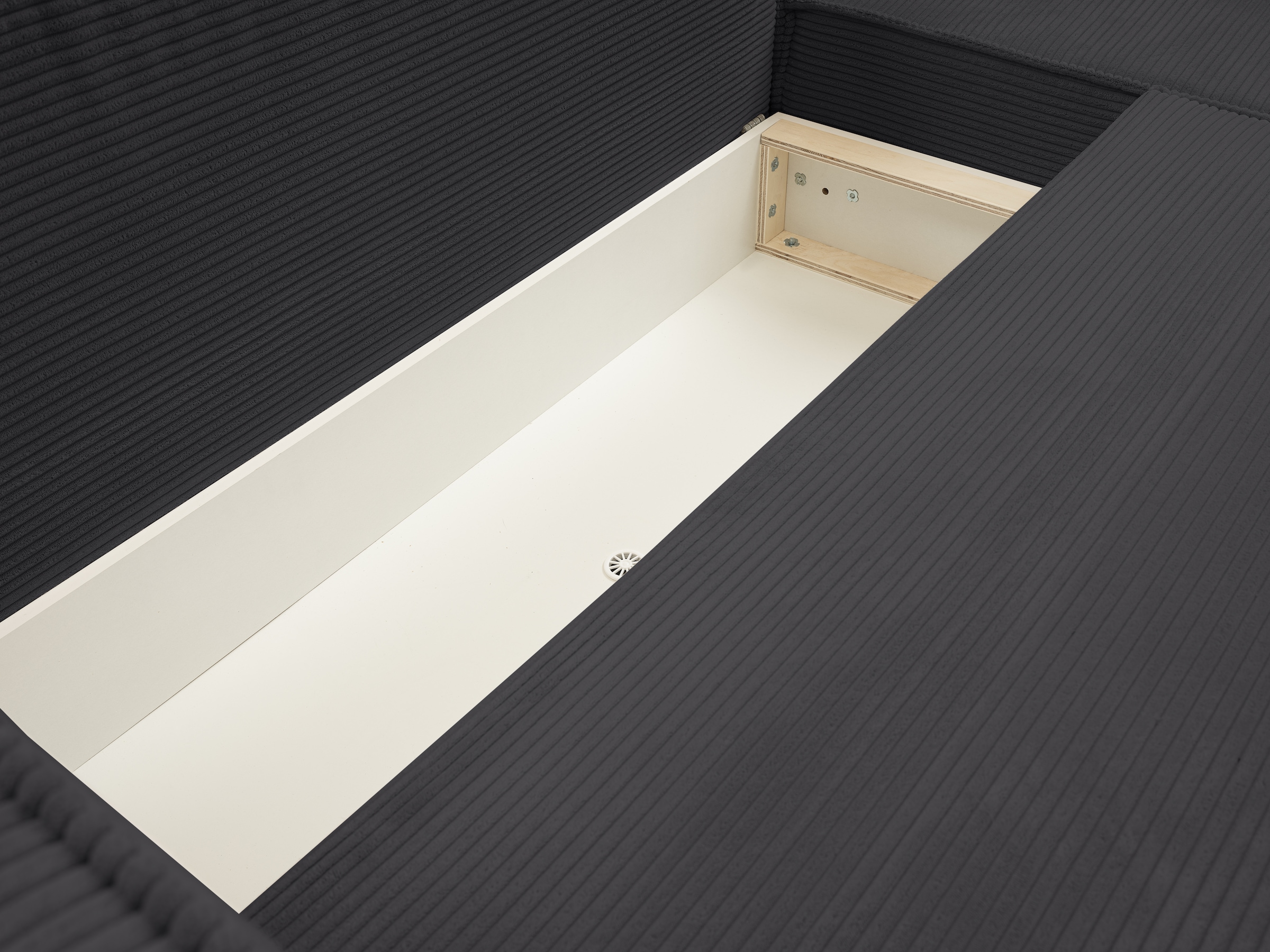 WERK2 Ecksofa »Atlanta, moderne Designsprache, Stellmaße 280x147cm, L-Form, Kedernaht«, hoher Komfort, Schlaffunktion & Bettkasten, Cord, Anthrazit
