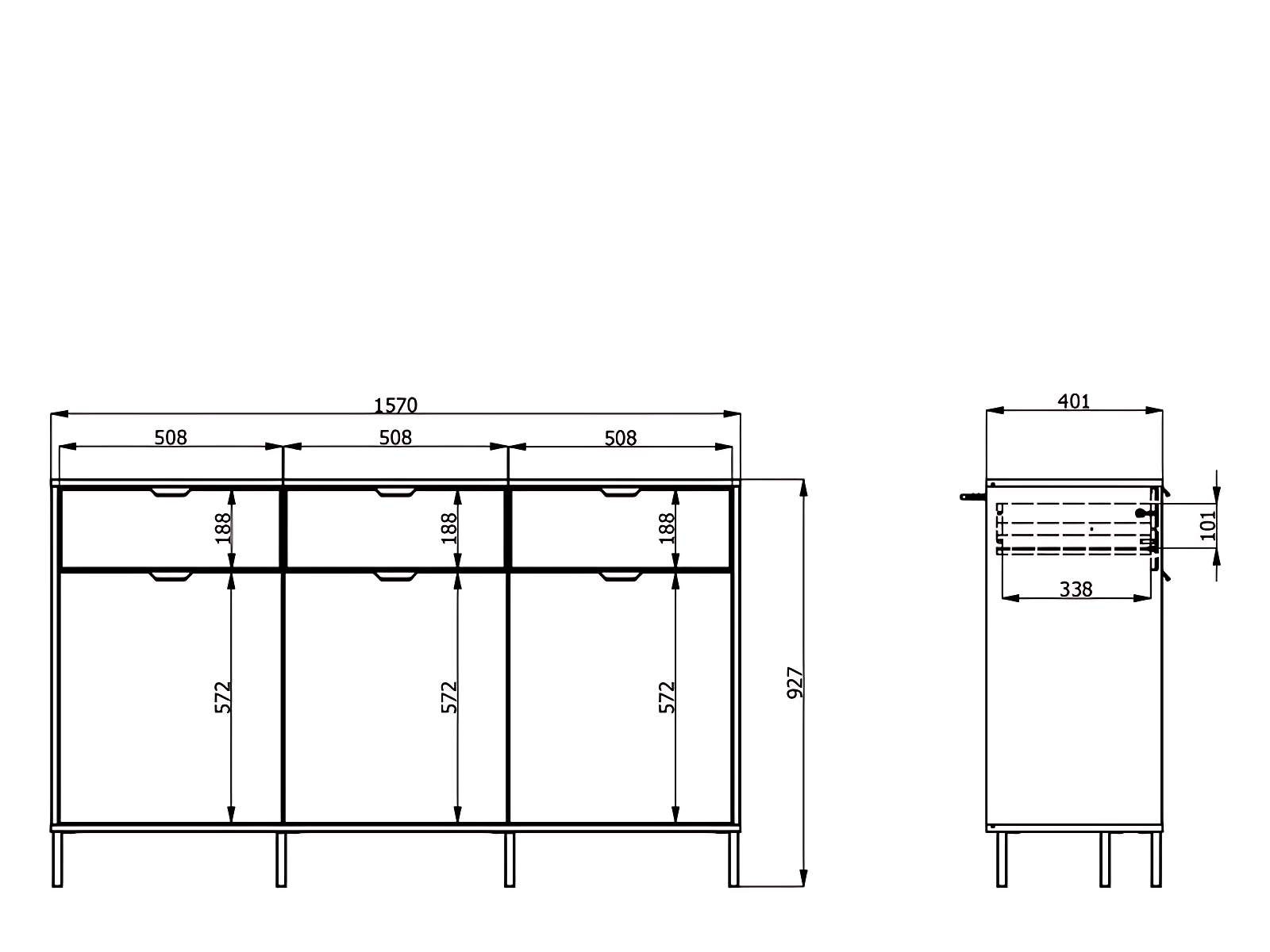 Home affaire Kommode »Mayenne Sideboard, Schubladenschrank, Kommode, Anrichte, Breite 157cm«, Wohnzimmermöbel, Schlafzimmermöbel, mit Drehtüren und drei Schubladen