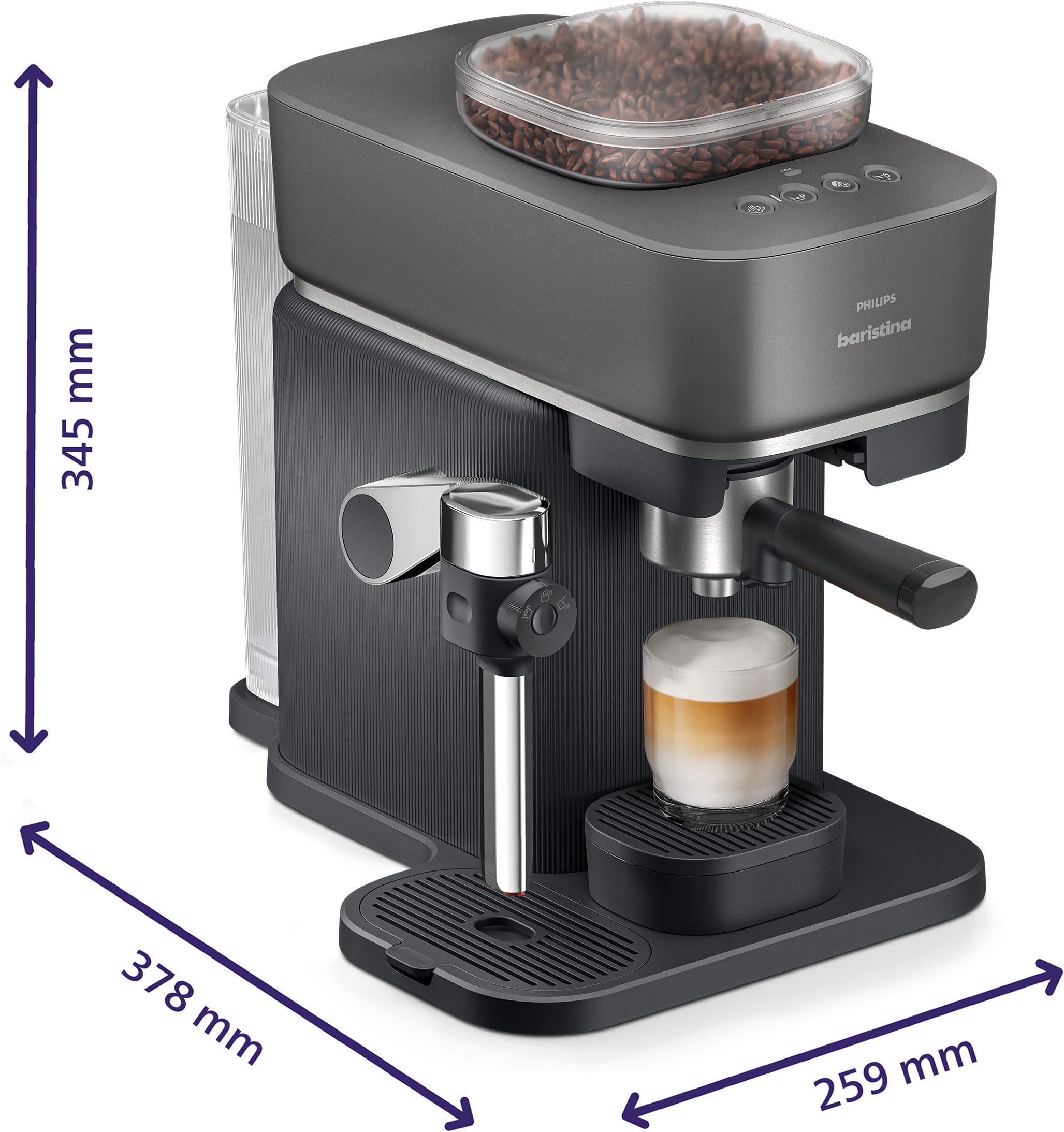 PHILIPS baristina Espressomaschine »Latte BAR400/60 mit Mahlwerk für ganze Bohnen und Milchschaumdüse« 3 Schaumarten, 16 bar Pumpendruck, Schwarzgrau​