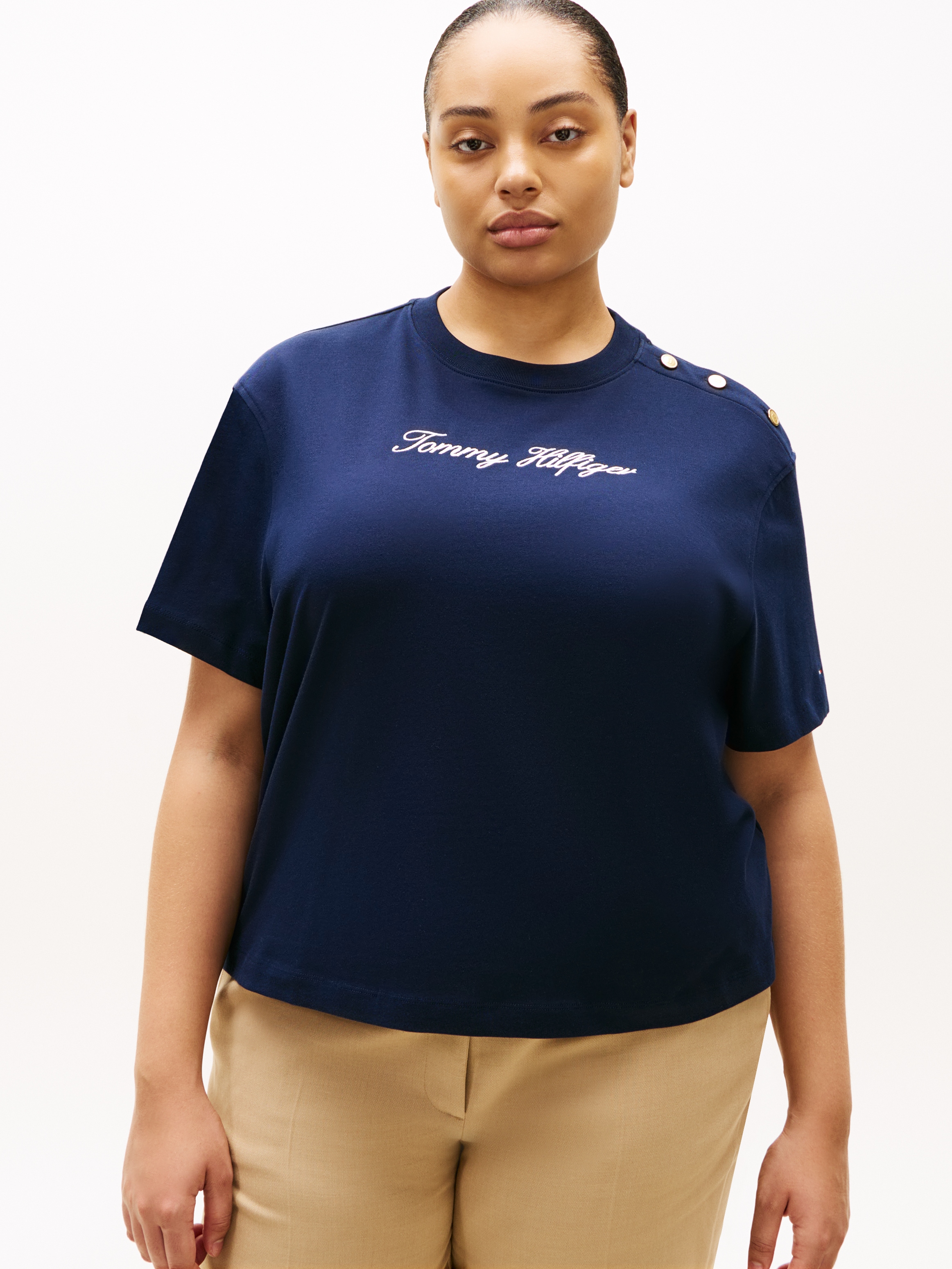 Tommy Hilfiger Curve Kurzarmshirt "CRV GOLD BTN SCRIPT MDRN SS TEE" in groß günstig online kaufen