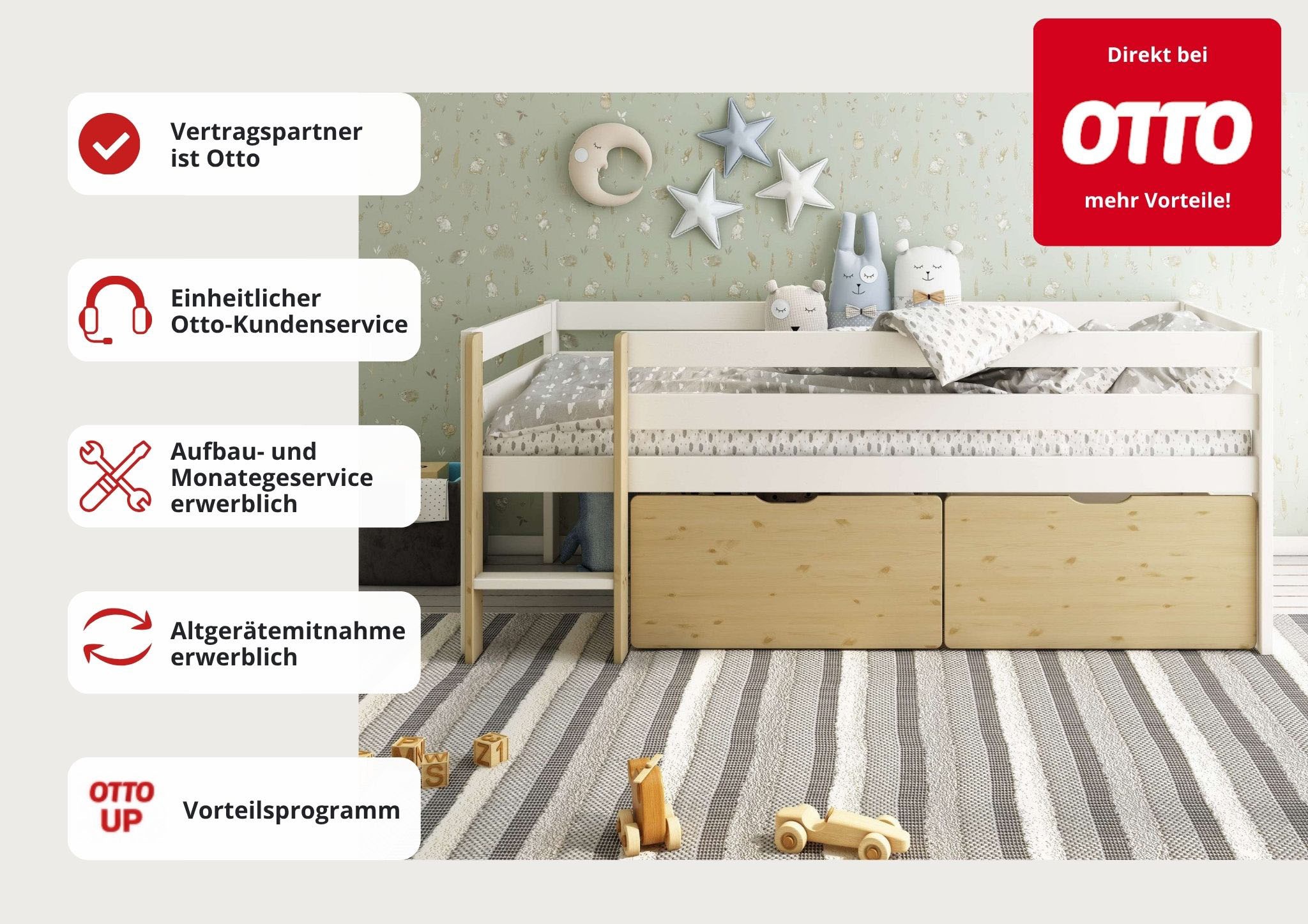 OTTO home Kinderbett »Tide, maximaler Stauraum durch Schubkästen, Massivholz« Kinderbett inklusive Lattenrost und 2 Bettkästen, 4 tlg. Hochbett mit Rausfallschutz, Made in EU